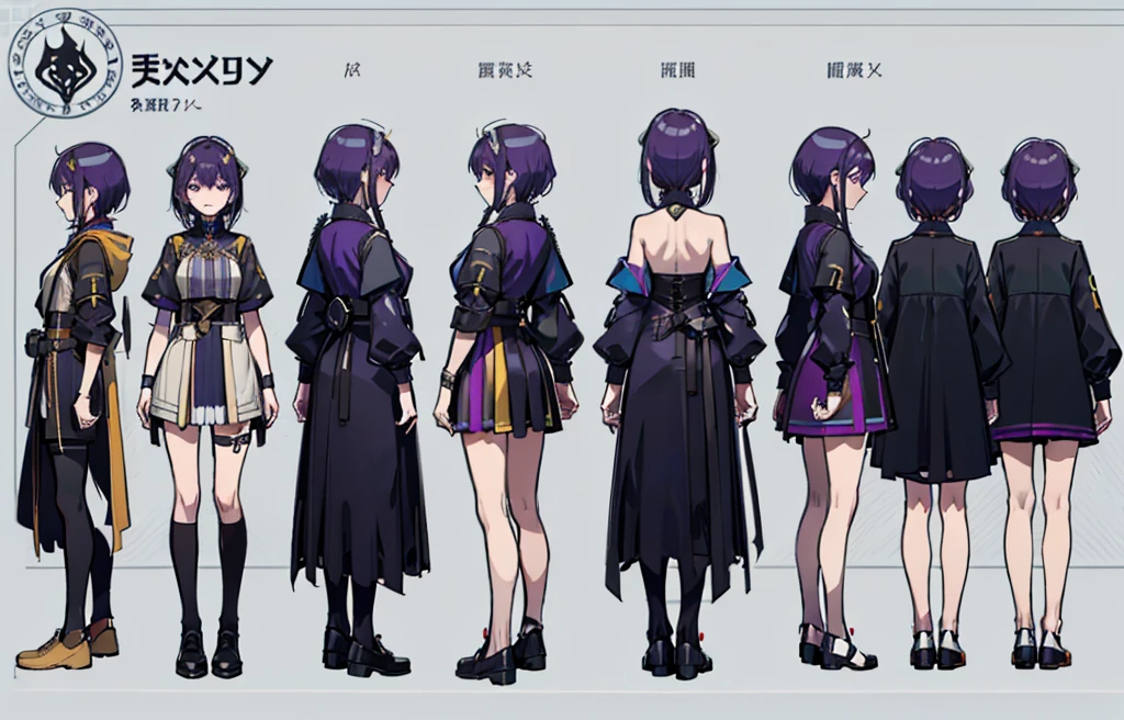 character design board, anime girl, design, just one character, clothes, rotation, fantasy clothes, complex design