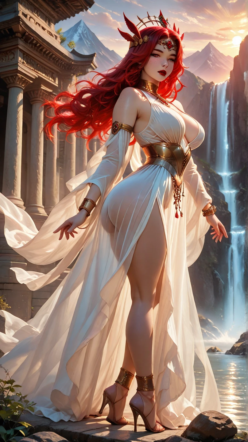 beautiful sun empress, detailed cat eye makeup, detailed face, detailed skin, mature body, tall body, seductive body, medium big breast, desert and pyramid backgrounds, detailed sky, highly saturating sunbeams, holy ceremony, angelic halo, golden and orange spark dazzling around, holy magic circle, golden crown , golden magical lightning, best quality, masterpiece, trending on Artstation Detailed, Realistic,4k highly detailed digital art,octane render, bioluminescent, 8K resolution concept art, realism, by Mappa studios, masterpiece, best quality, (1girl), official art, illustration, ligne claire, (cool_color), perfect composition, absurdres, fantasy, focused, (clear clothing, transparent cloth, see-through material), (((cameltoe))), (red hair, freckles, huge breasts, nearly naked, underboob), thick but fit, blend of Natalie Dormer and Zendaya, silk robes, detailed castle background, 25 yo, natural, amazing body, pronounced feminine feature, speaking, laughing, festival, (((no panties))), thigh gap,