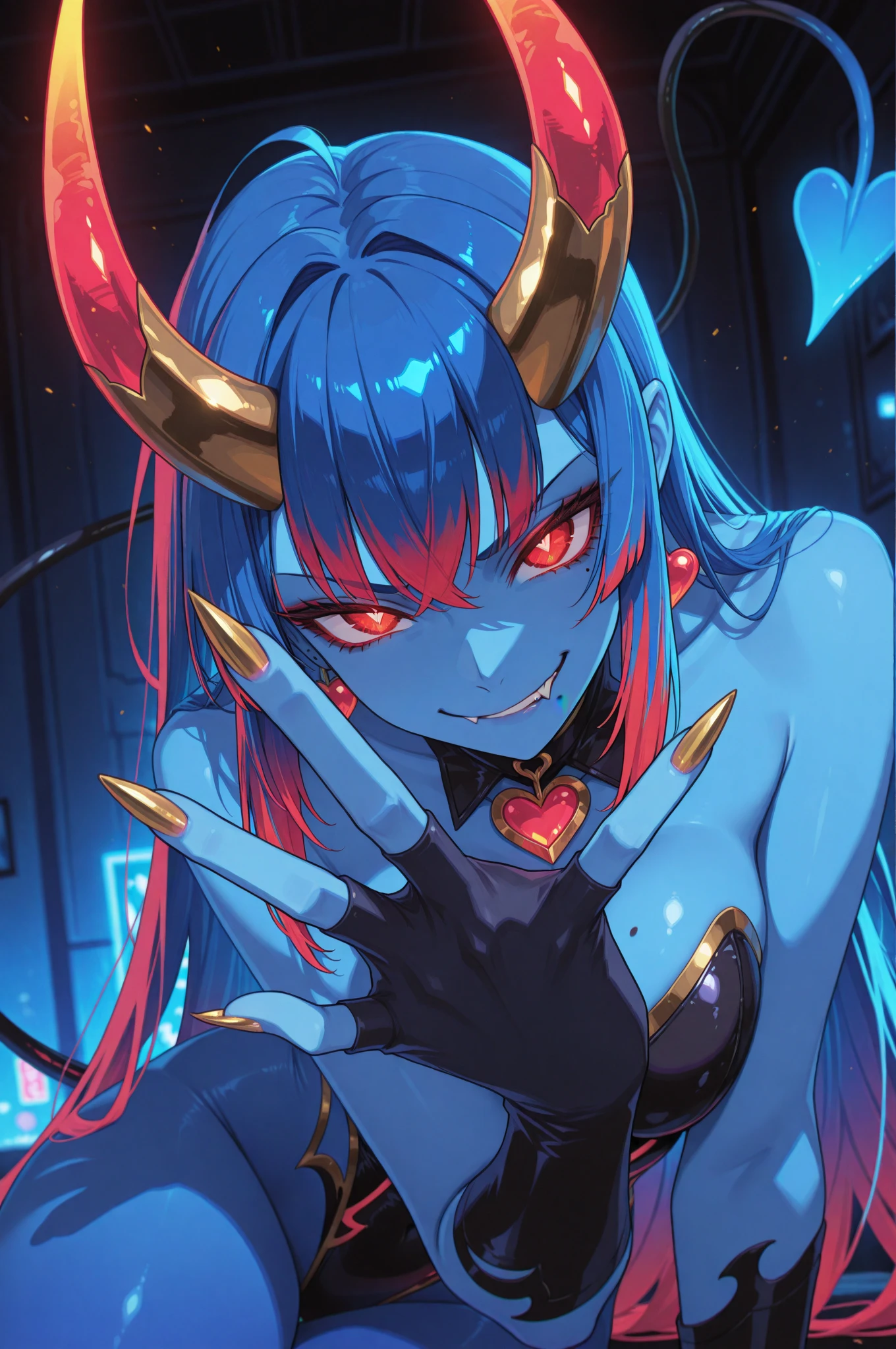 masterpiece, ultra-HD, high detail, best quality, very aesthetic, 8k, best quality, sharp focus, three quarter face shot, depth of field, shallow depth of field. 1girl, devil, rich blue hue hair, red/gold eyes, big pretty eyes, smirk, mole (fangs). Blue skin, accessories. long claw nails, blue and gold horns,devil heart tail. bioluminescence, heart . blue neon lighting, dark theme. shoot from side, dynamic composition, dynamic angle.