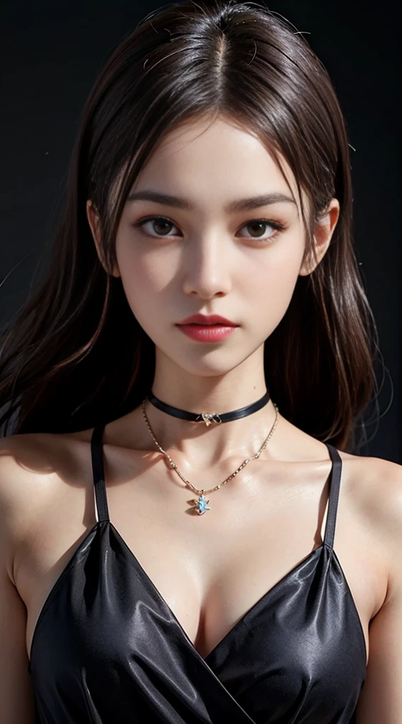 ((masterpiece:1.4)、(Highest quality:1.4)、(Realistic:1.7))、Masterpiece:1.4、Pretty Girl 0.3、(1 Girl:1.4)、pretty girl、(Portrait Photography:1.4)、(Close-up photo:1.7)、(An outfit that emphasizes beautiful breasts:1.4)、Sharp focus:1.5、Detailed eyes、double eyelid、{Long Hair}、Beautiful woman with perfect figure:1.4、Perfect proportions:1.4、(Anatomically correct body shape:1.4)、well-proportioned and beautiful udder:1.2、Upper body photo shoot:1.2、Beautiful expression、Resistance、Dark Background、ponytail、Nikon SLR D6、Natural light、Lighting technology that creates beautiful expressions、Ideal lighting、RAW Photos、Red lips、Beautiful face with long face、choker:1.4、necklace:1.4、Earrings:1.4、1 Screen Display