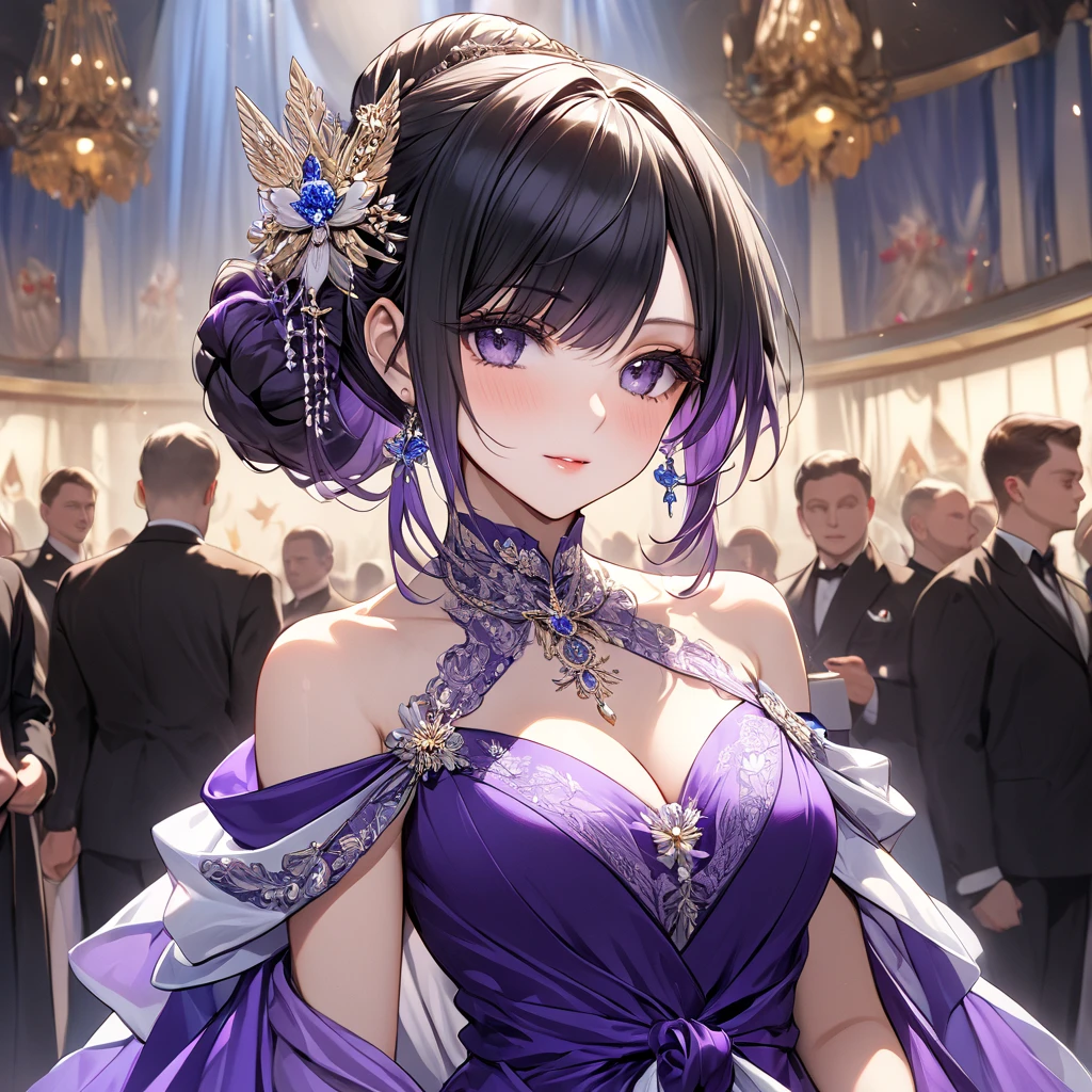 ((Highest quality)), ((masterpiece)), (detailed), （Perfect Face）、The woman is Shinobu Kocho, a Russian with black hair in a purple gradient bob style, tied up in a formal evening hairstyle.、The woman is a member of the United Russia party and is beautifully dressed in the fine attire and luxurious accessories appropriate for a party member.、She is a member of the Great United Russia Party and worships the Great Russian leader.