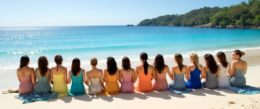 Towards the ocean waves、(Sunflower Hair Ornament)、A beautiful 22-year-old woman with short hair and long brown hair fluttering in the wind,  ((Beach sandals))、, photographed from sitting、4 other women in bikini swimwear, the best proportions, (big breasts:1.5), ((Summer Camp、tent、tarp、))、(((While watching the sunset,Writing in the sand)))、 Shot from behind、photorealistic, 4k, different hairstyles, facial variations.Reflecting your feet、