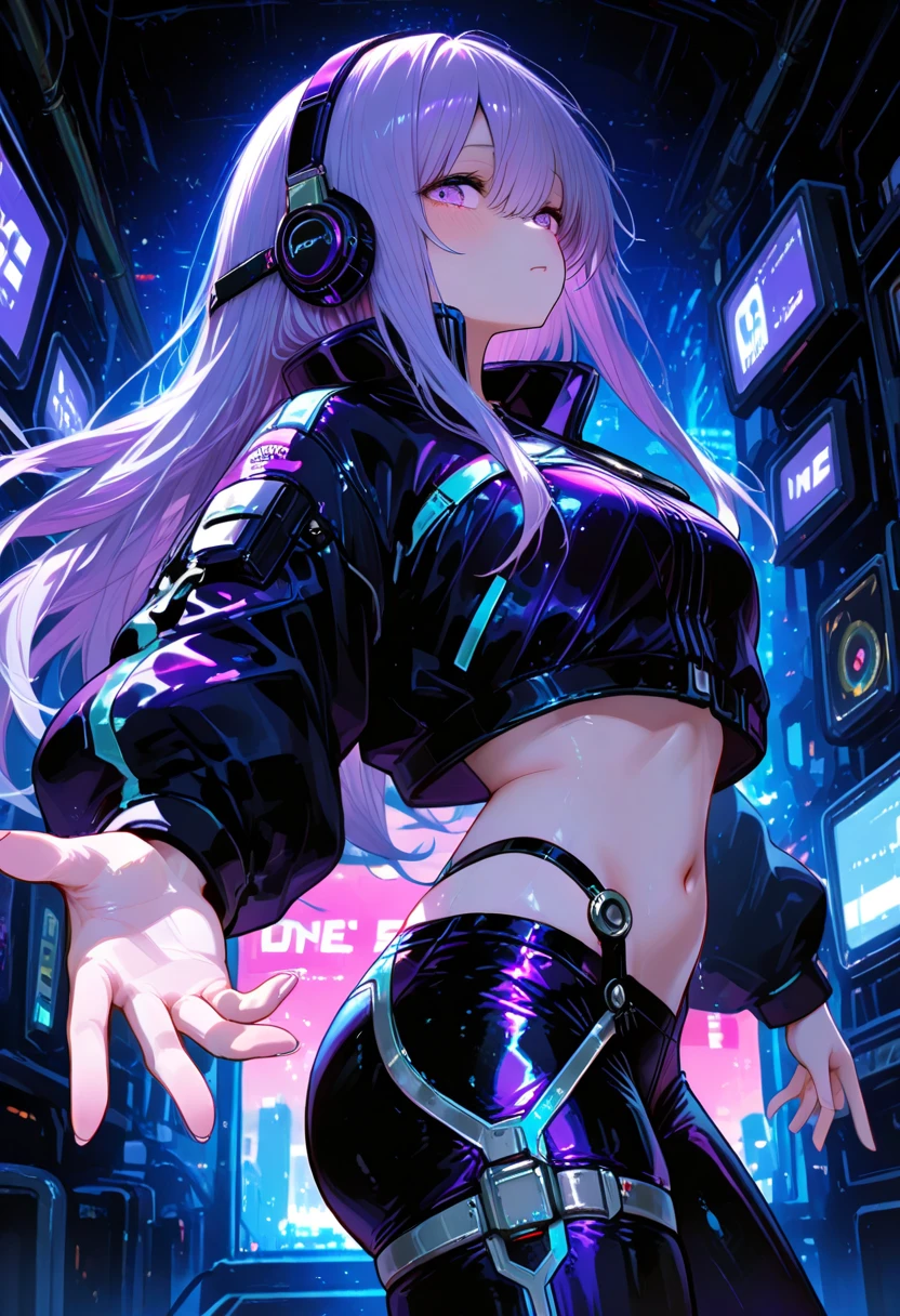 hoodie,cool,perfect face,neon,cyber punk,wearing headphones,The whole body is visible,Navel visible