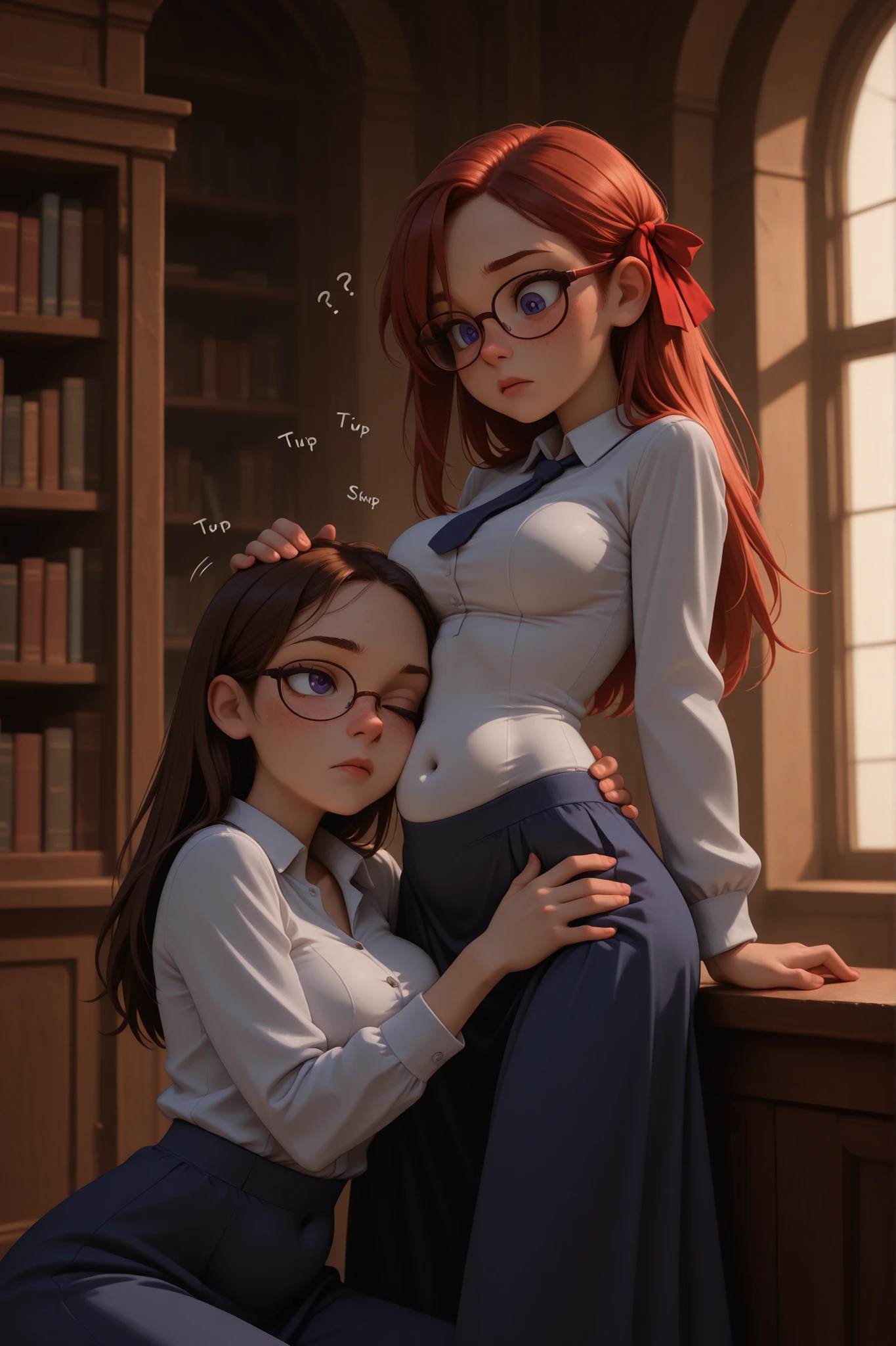 library, librarian outfit, skirt, glasses, nerdy look, nerdy haircut, hair ribbons, long hair,  
fully dressed, covered navel, belly concealed by clothes,
visible forehead, freckles, moles, detailed eyes, detailed lips,
slim body, slim waist, slim belly, skinny, athletic, slight muscles, medium breasts, bloated belly,

underlighting, dim, light, flat colors,
profile, sideview, from the side, 

2 females, different hair colors, different haircuts, different clothes, head on lap, lap pillow, belly pillow,
leaning girl: [kneeling, resting her head on top of her sister's belly, a woman pressing her ear into her sister's belly, side of the head pressing against her sister's belly, listening to her sister's belly, leaning against belly, head next to belly, head resting on belly, ear pressed to belly, head pressed above navel, smooshed cheek, has both eyes visible, face turned outward toward viewer, facing viewer, eyeballs leering toward belly, startled expression, curious expression, focused expression, one eyebrow raised, one eye shut in focus], 
standing girl: [standing, self-pointing, index finger pointing to her own belly],

digestion SFX, "gurgle" and "slosh" and "glorp" sound effects from her stomach,