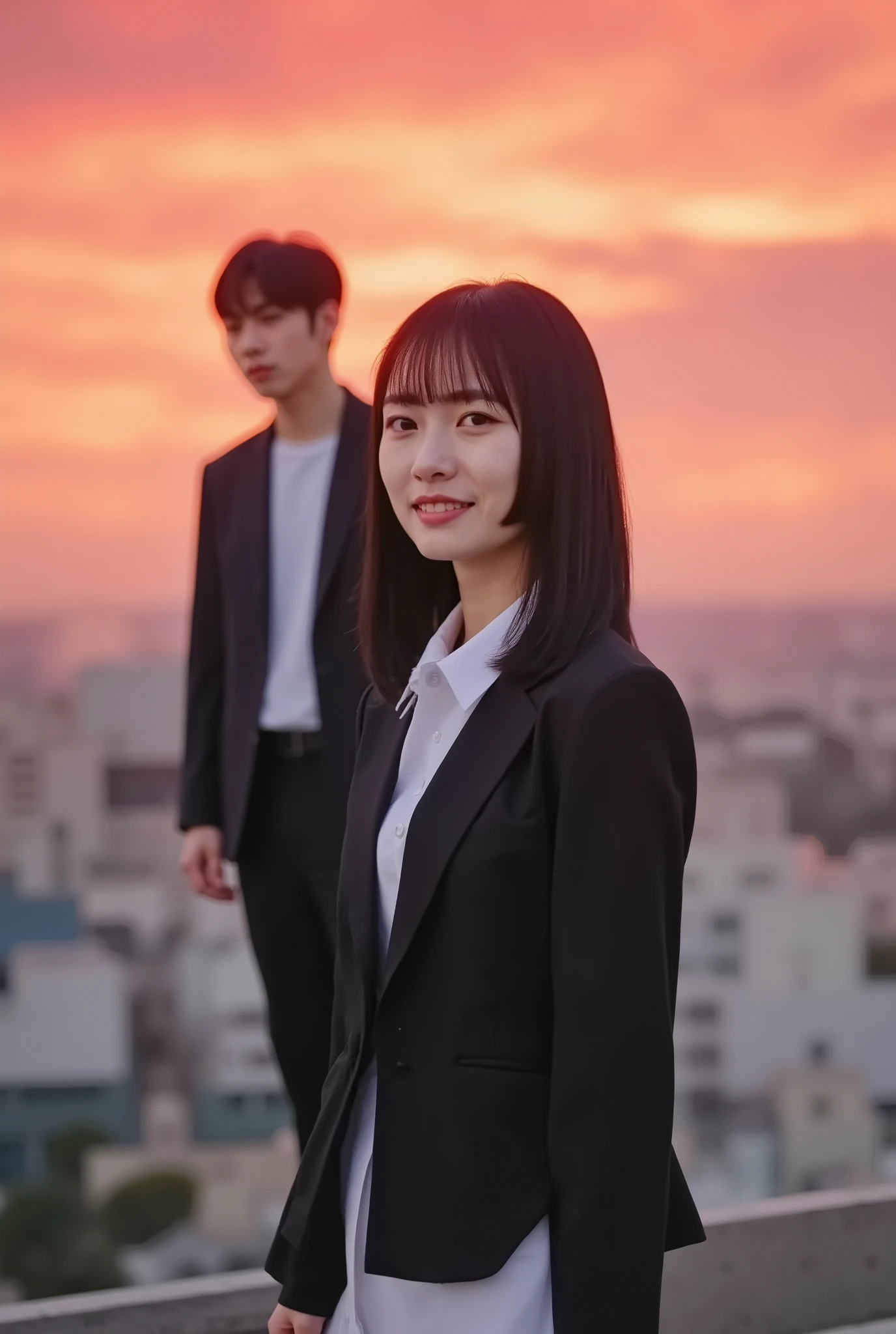 confident Asian man and woman(Either is fine )but、stand on the roof of a city skyscraper at dusk、and have a fiery aura。背景には太陽but沈みかけ、The sky is dyed red。characters wear clothes that flutter in the wind、直感的な閃きを象徴するように目but鋭く光っている。周囲には抽象的な炎のモチーフbut浮かび、勝負と金運の強さを象徴する黄金色の輝きbut人物を包む。stylish and energetic atmosphere、High Quality、8K、cinematic。