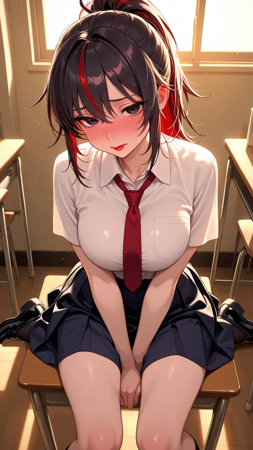 NSFW、masterpiece、Highest image quality、ultra high resolution、NSFW、big breasted elementary school girl、red and large eyes,、black short hair、The hair inside is colored、(Two red hairpins)、red face、shyly、(Wearing headphones)、((BAND-AID on the nipples))、((nipples are hidden))、String panties for elementary school girls