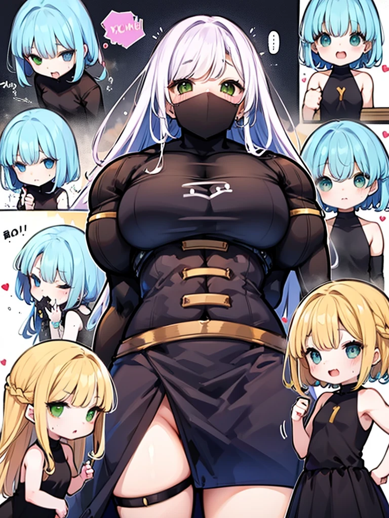 (masterpiece), best quality, (5 girls, group shot:1.4), (Because I'm slender:1.1), (huge :1.5), (black skin:1.1), blonde hair, silver hair, twin tails, amount, (open your mouth, smile:1.1), (wink:1.2), garter belt, cowboy shot,