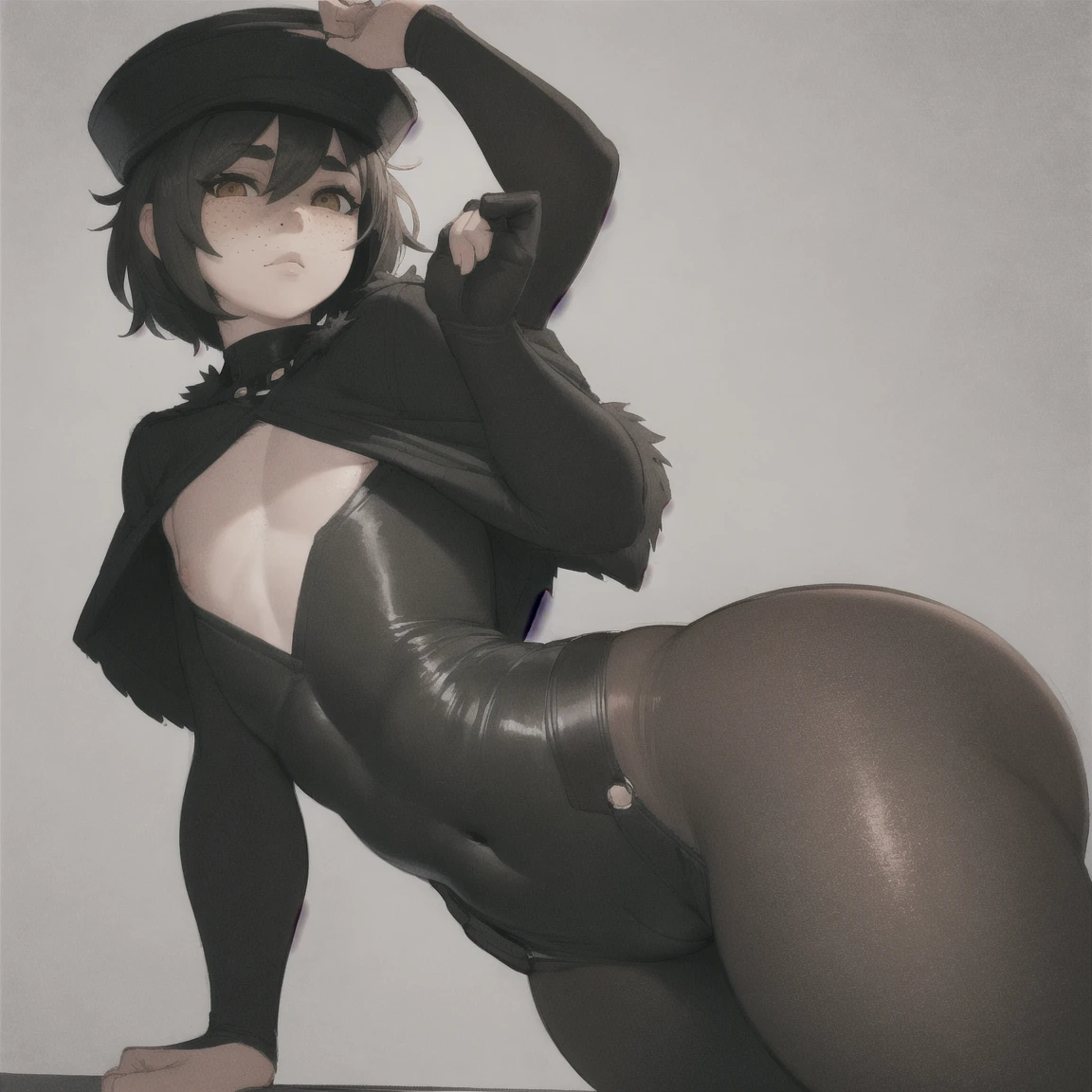 realist, latina, tanned, big brown eyes, messy loose brown hair, black stockings, black gloves, black garter belt, Black choker, kneeling with legs open, natural breasts, whole body, slim, round buttocks, hot, ?????, de espaldas