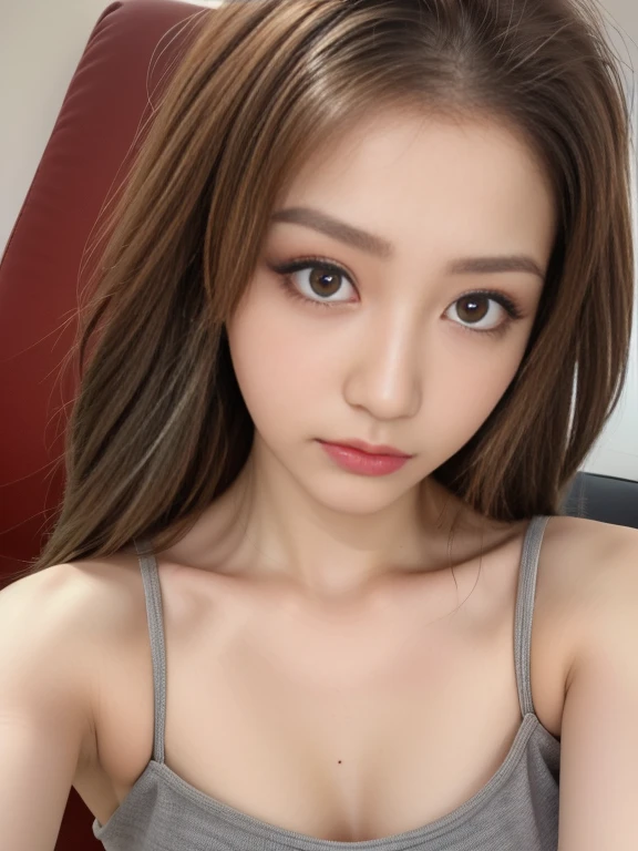 A beautiful Japanese shy girl, age 18 years old, brown hair, brown big eyes, shiny lip, shiny hair, ecstatic expression, wearing tank top and shorts, she is lie down on the sofa, in front of huge window, wearing neckless,