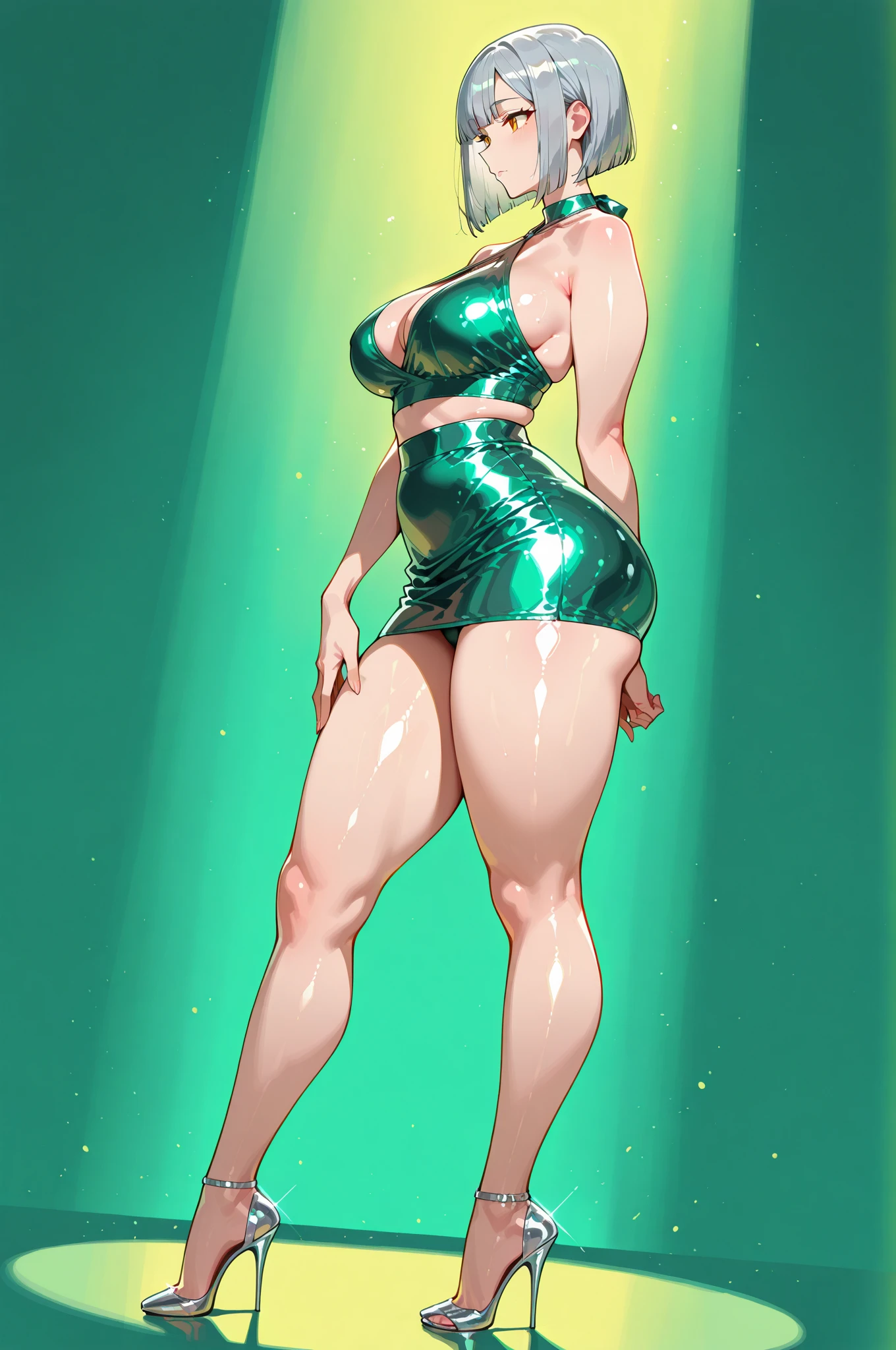 old woman, big breast, busty, wide hips, mega hips, round thighs, small waist, flat stomach, flat tummy, skinny waist, full body, smiling face, front shot, front view, beautiful