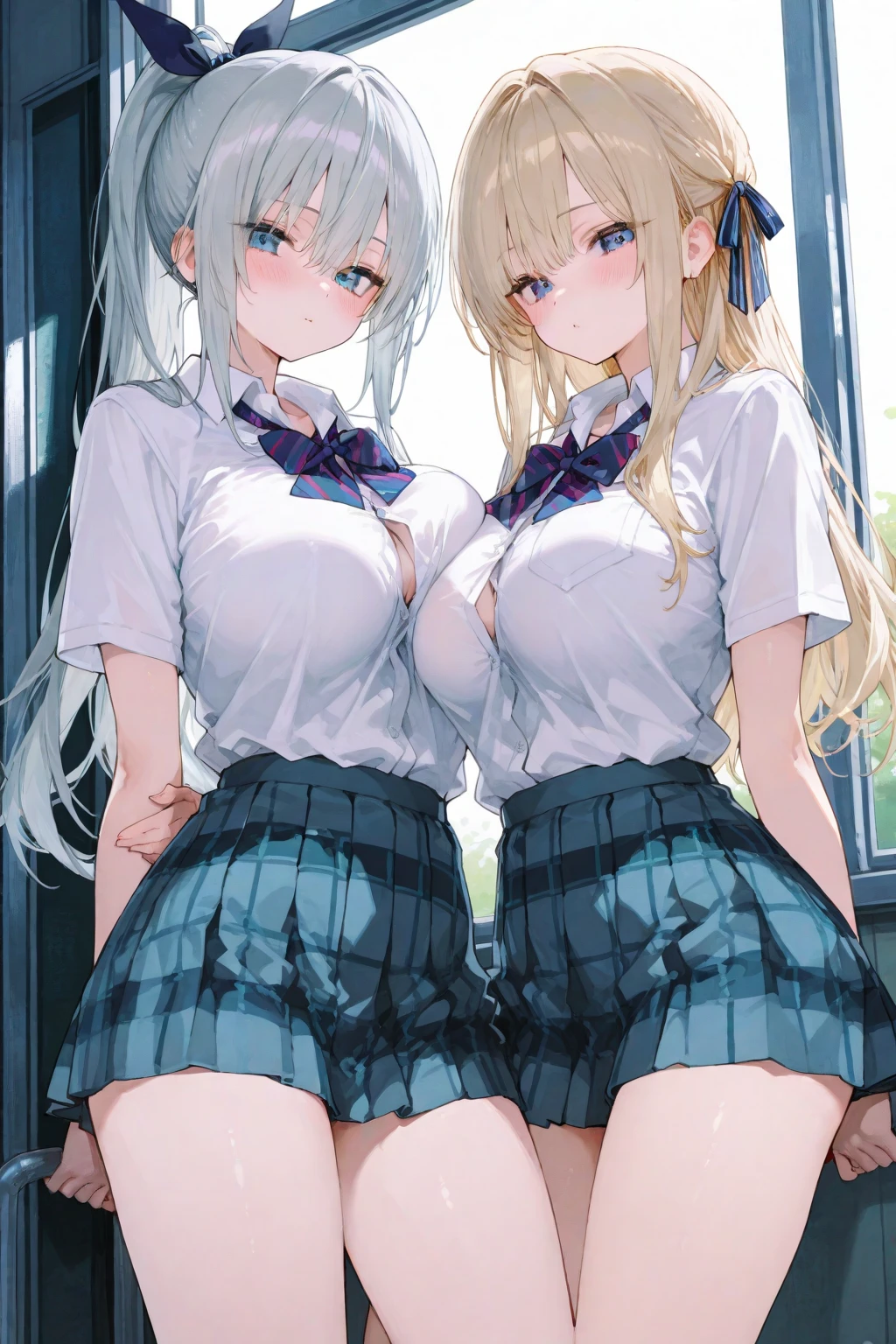 (Best quality, 8k, 32k, Masterpiece, UHD,:1.2),RAW, ((2girls)),ultra cute , natural lighting,transparent shining eyes, 20yo,medium breast ,fair complexion ,flushed face, dynamic angle,, (ecstasy:0.8) ,(slut:0.8), (vulgarity:0.8), (fucked silly:0.8),(steam:0.8),,(trembling:1.3)),(tears:0.7) ,sweat, Happily, blush, at classroom, skirt, eye contact, nsfw, unbuttoned, bra,show off panties, From Behind, Touching each other