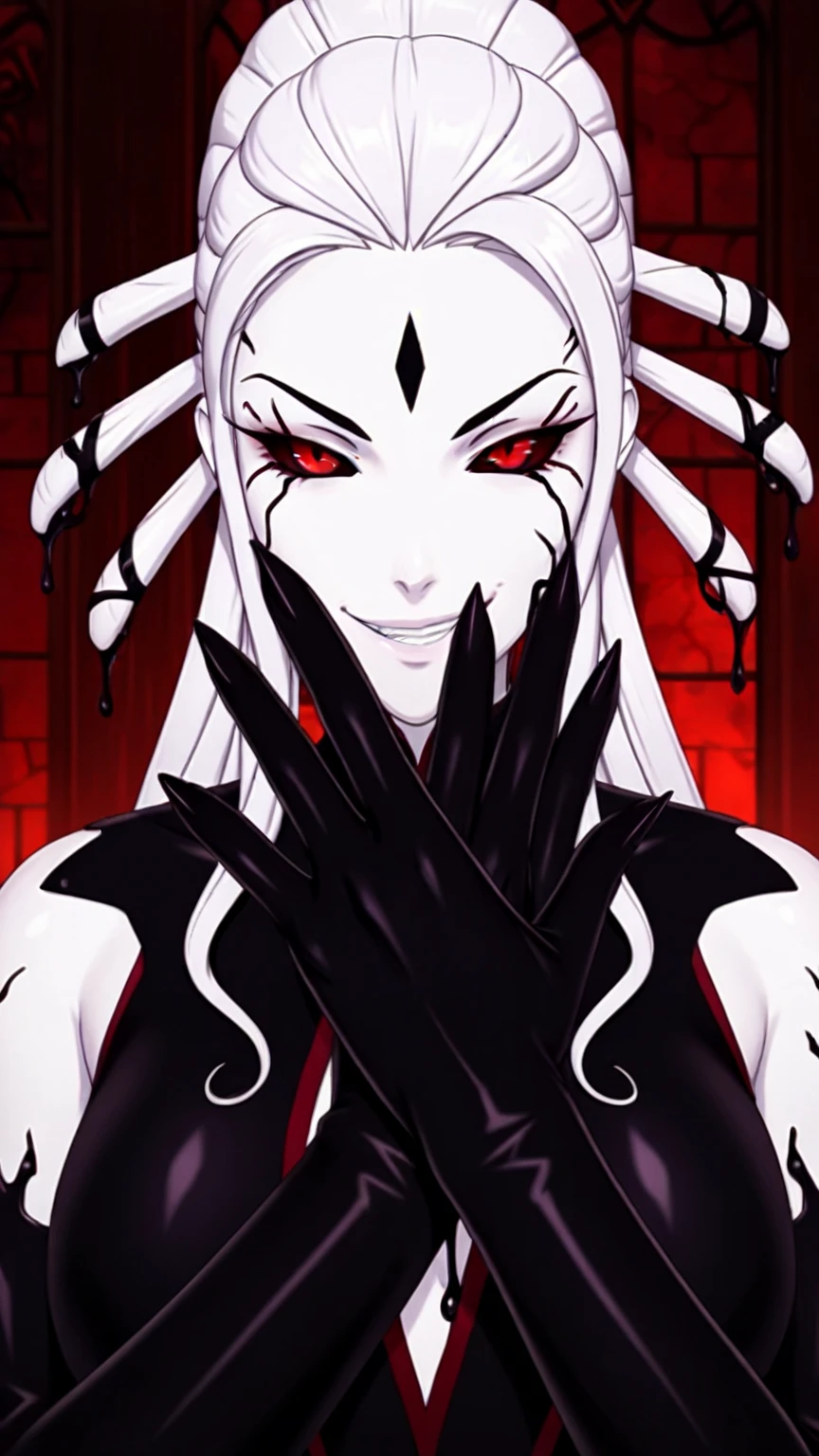 1woman, solo, succubus, mature, long, writhing hair, ghostly white skin, deep hollow violet eyes, wide, grotesque grin, jagged teeth, tattered, flowing dark robe, emaciated frame with visible pulsating veins, unsettling aura, simple background