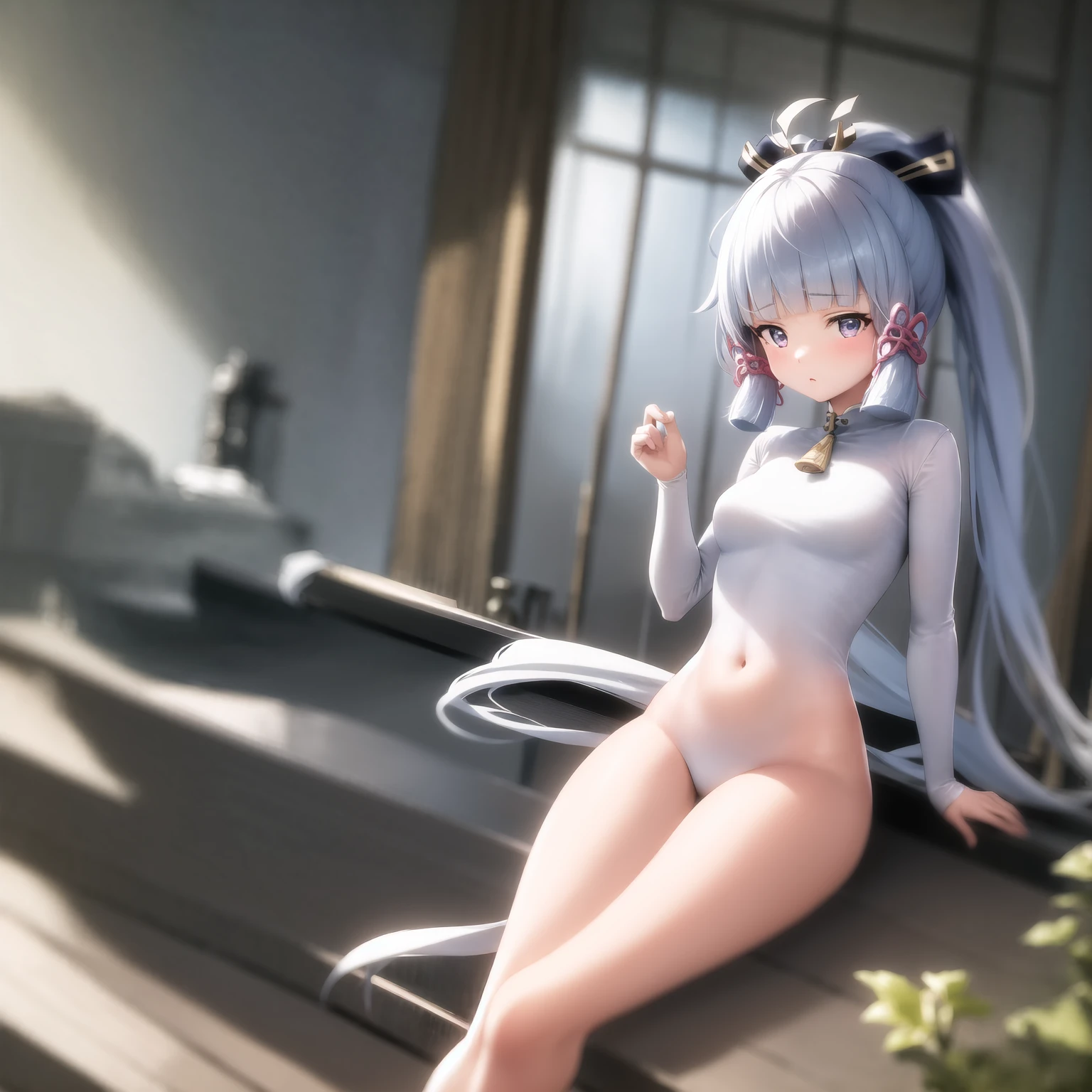 ((best quality)), ((masterpiece)), (detailed), 1girl, white hair. Long hair. Pink eyes. Bottomless. Topless. Looks behind.