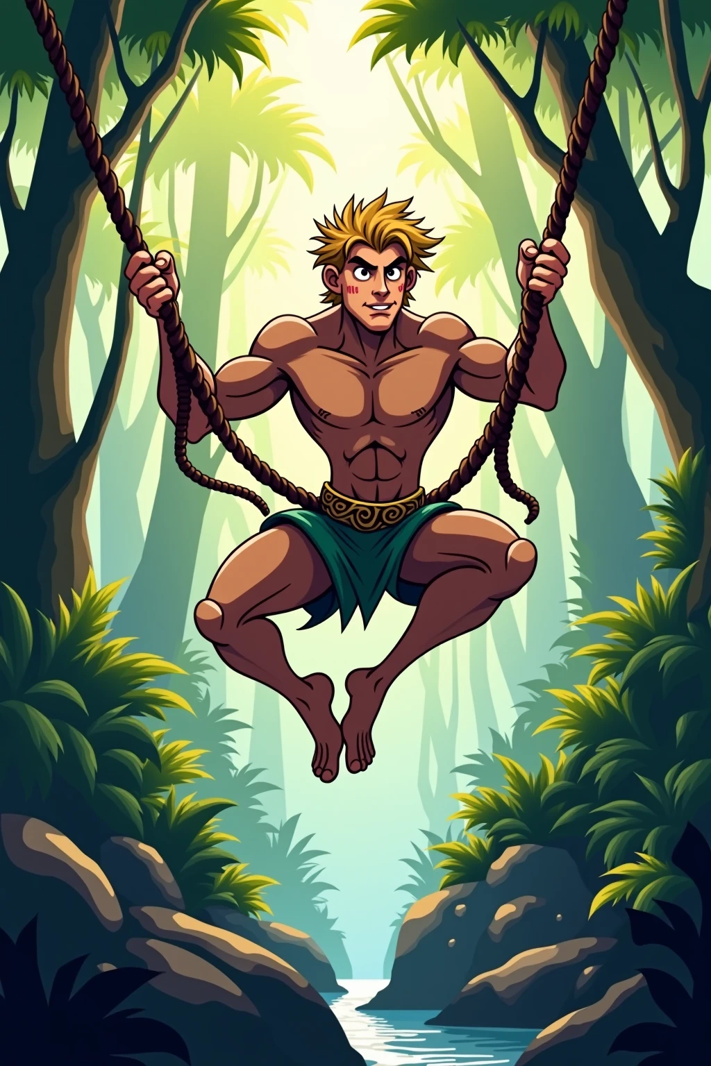Man hanging from a vine like Tarzan、Very detailed、complicated、Lush jungle foliage、Dense forest、Warm lighting、Golden Hour、Cinematic、adventure、action、a muscular build、Sunburned skin、A look of determination、(Highest quality、4K、8k、High resolution、masterpiece:1.2)、Super detailed、(Real、Photorealistic、Photorealistic:1.37)、Concept Art、Digital Painting
