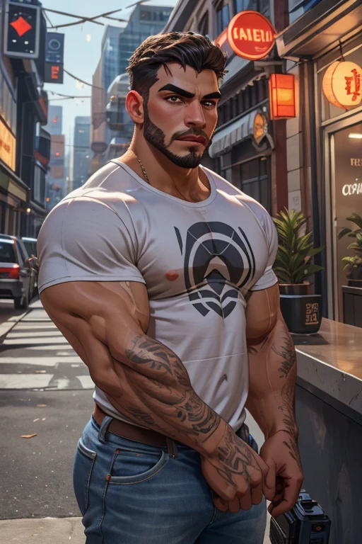 mid_shot, attractive bearded man, defined muscles, alley, orange black blue, (sad), (atmosphere), coherent, continuity, epic, sharp lines, short hair,high contrast, hairy chest, sexy, brasilian, bulge