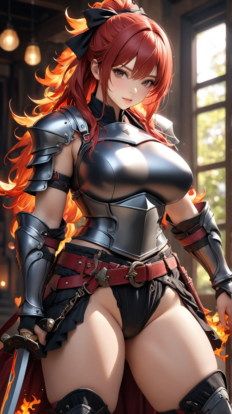 (masutepiece:1.5), the Extremely Detailed CG Unity 8K Wallpapers,(Realistic,Photorealsitic,hyper realisitic:1.5),(during daytime,bloom:1.4),(Curve,Model,glamor:1.5),Beautiful breasts,Farbe_aberration,beautiful detailed shadow,Beautiful eyes,Beautiful body,Beautiful skin,beautifull hands,(Red Western Armor:1.4),(Red hair,Long hair,Red Eyes:1.5)、(Holding a flaming sword in his hand,Holding a sword:1.4),(Large_breasts:1.5),Rin々Shishi Face,(A well-proportioned and perfect body:1.5),intricate detailes, from a_Below, shiny_skin, (Hair over one eye:1.2), side locks, (Hair fluttering in the wind:1.3), (Burning feathers:1.4),Anime girl with red hair and sword in front of the city, female redhead templar,redhead queen in heavy red armor, lady in red armor, Red armor, armor girl,