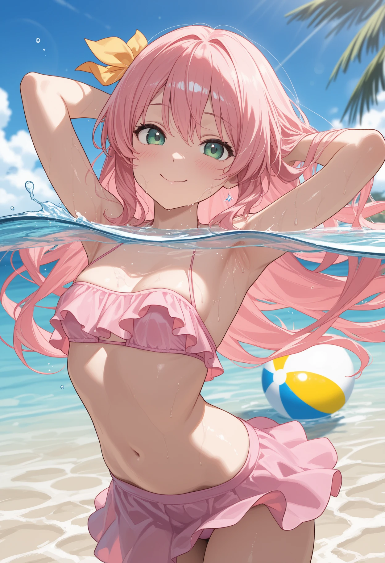 A cute white dress shirt and a light blue bra that clings to her body.、A cute light blue bra、Her miniskirt lifts to reveal her light blue and white striped underwear、Cute light blue underwear、A cute topless bra in a light blue color、Cute light blue underwear、Sandy beach, ocean and blue、Big Breasts、barefoot、Standing posture、Hug、