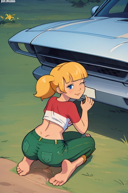 (Masterpiece) (best quality) (detailed) (8k) (Sharp focus) (intricate) (cinematic lighting), 1 girl, penny, , blonde hair, two tails, blunt bangs, blue eyes, from above, crouched, a woman on her knees, leaning forward, outdoors, mud, reinforced green pants unbuttoned and unbuttoned, relaxed expression, red t-shirt with white center stripe, flat chest, bare feet, eyes closed, ass, back view, spread ass, ass focus 