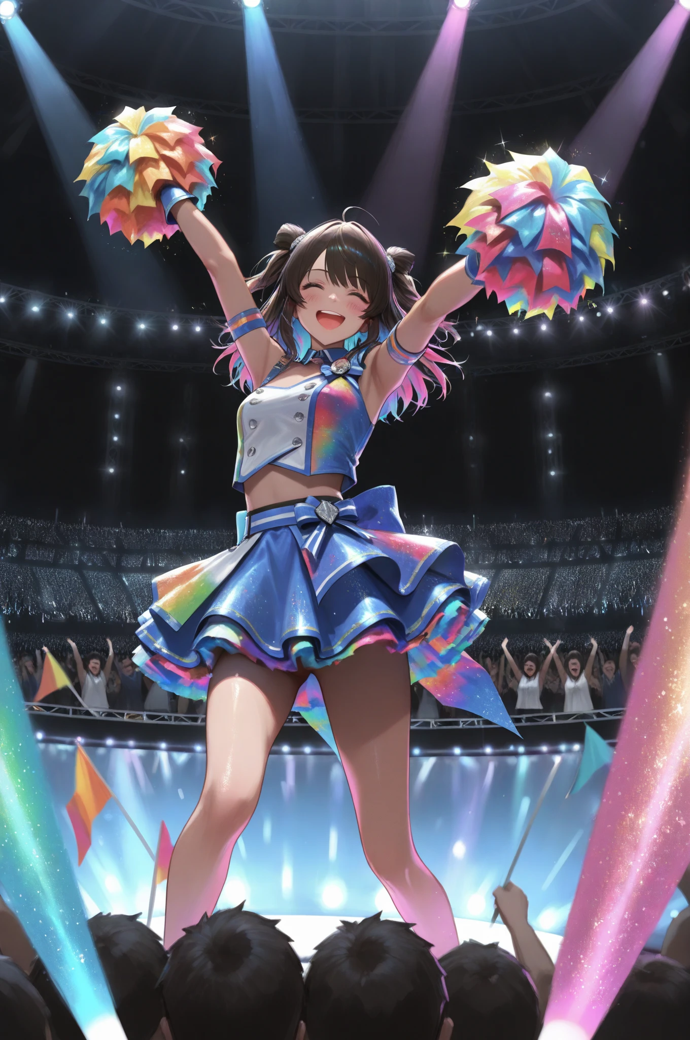 (Sports magazine cover photo), Highest quality, Great quality, 16K, Unbelievably absurd, Very detailed, delicate and dynamic, Natural light, The particles reflect light, Diffuse reflection of light, Many rainbow-colored petals fall, Beautiful stage, Sparkling Sun, Diffuse reflection of light, Create amazing image effects, Cheer girl, Wet, sweating, Cheerleading, Holding pom-poms, Dancing, Close-up(Cute sexy girl, big bouncing busts, Sensual expression, Cool girl, Serious, passion, Dynamic, cheerleading uniform, audience ,much-air-laden cheer)