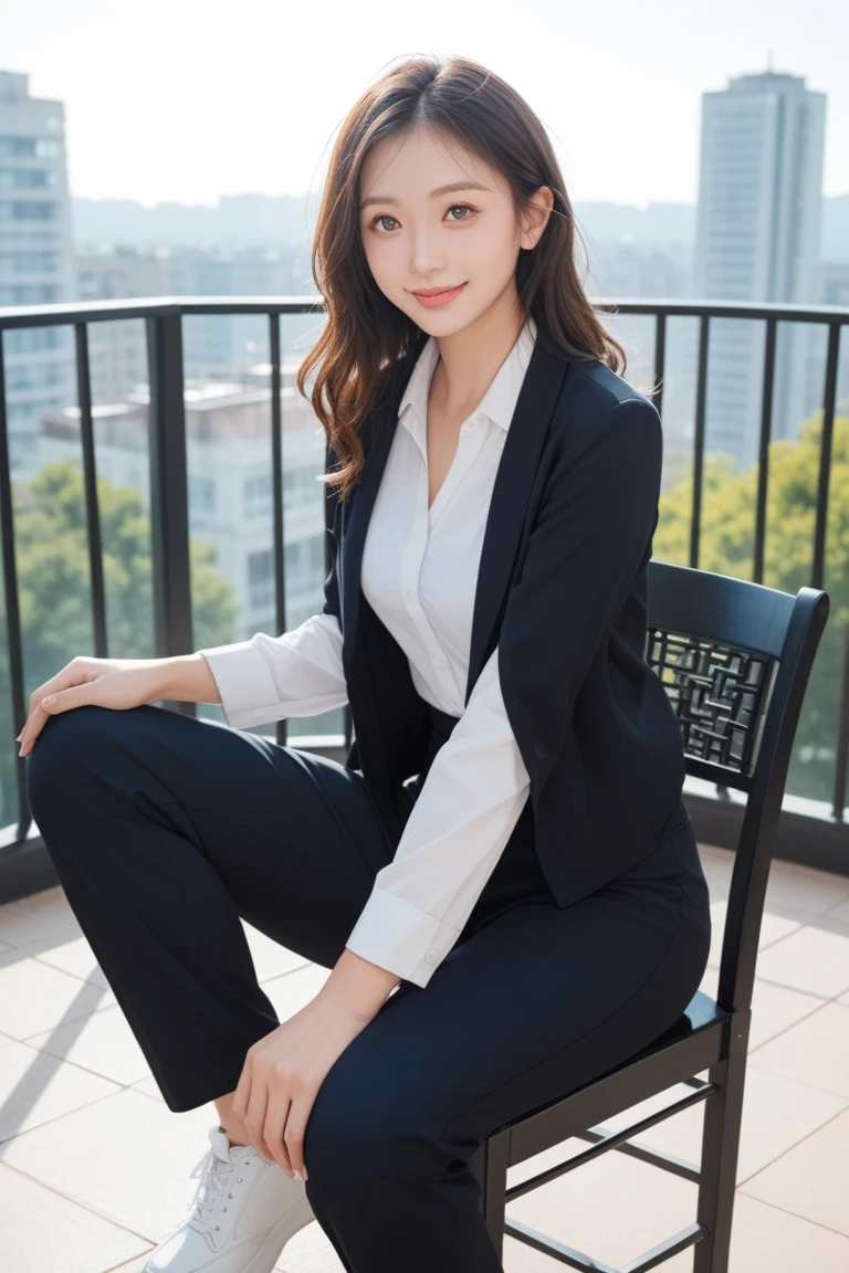 high quality,16K:1.1),(, Woman sitting on a chair in a coffee shop)(Full Body Shot:1.2),Black Hair、ear piercing、smile、Beautiful teeth alignment、((Office Lady Suits、Pants Style、pumps)), ,(View your viewers:1.3),Coffee shop on background