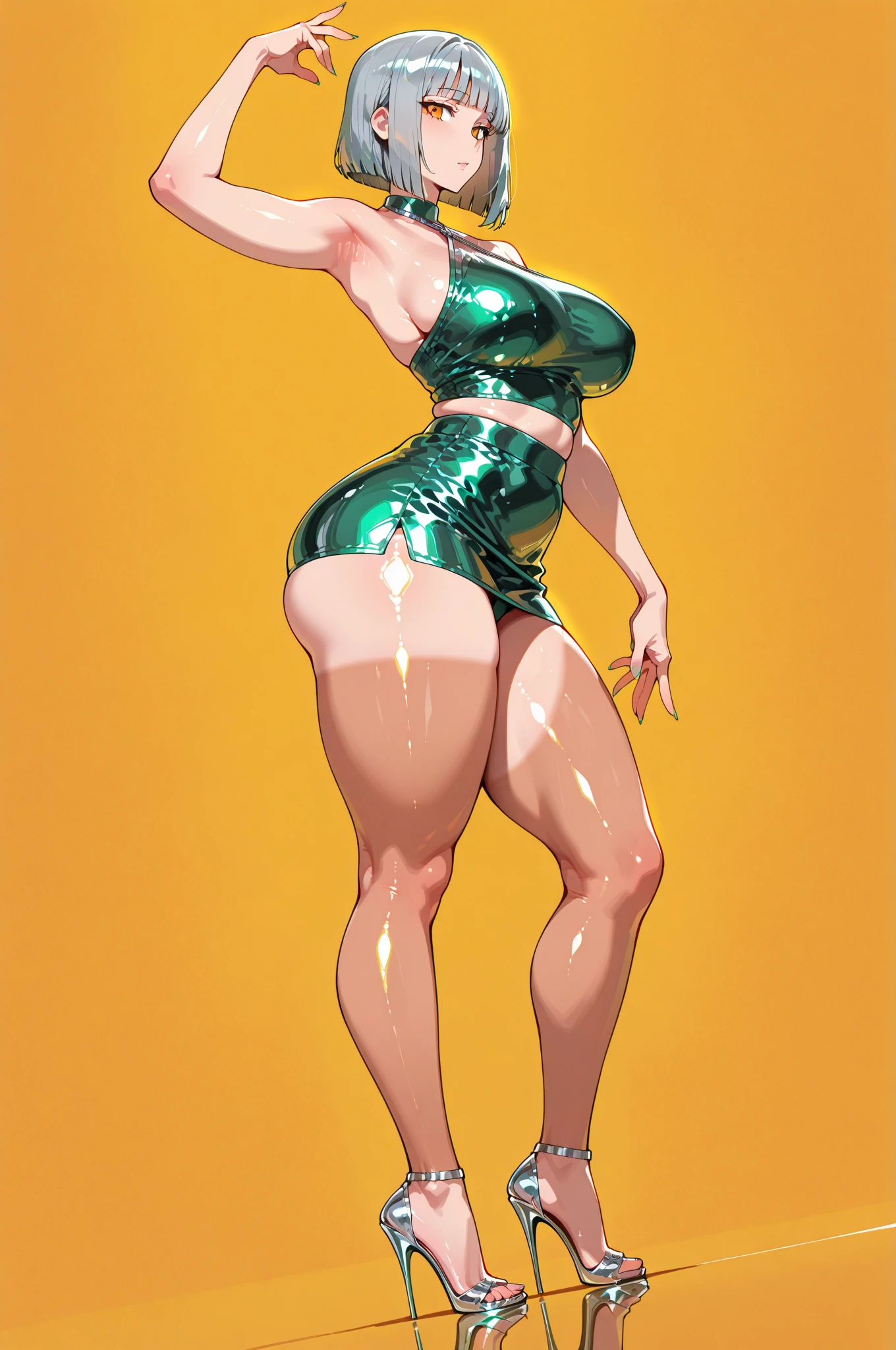 1girl, solo, ((1girl)) full body, standing, grey skin, drow, elf, mature, detailed happy face, purple eyes, white hair, black bikini, abs, big knockers, golden chain collar, stomach tattoo (red tattoo)