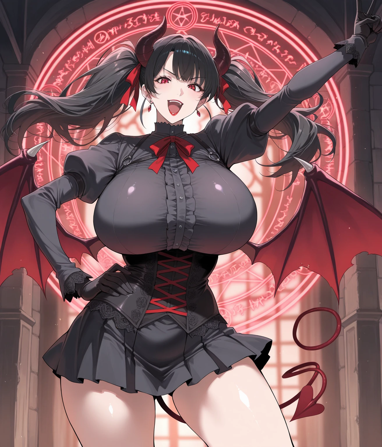 (high quality, Very detailed, Delicate and beautiful CG art, Detailed illustration, High Detail, masterpiece:1.2, most high quality:1.4, Best aesthetics), (((1 Girl))), (Succubus, Succubus, Succubus, Sexy Suit, Devil's Wings, Body Paint), Beautiful Silver Hair, Shiny Hair, Beautiful Skin, Detailed face and eyes, Heart Shaped Sunglass, Glossy Lips, Curvy Women, ((Midium Breasts:1.4, A beautiful and firm bust line)), (A seductive open mouth:1.2, Bewitching Smile), A uniform with a blood red and darkness black motif, night, Neon Light, Dutch Angle, Focus on subtle facial details, Light and shadow with attention to detail, Background Blur.