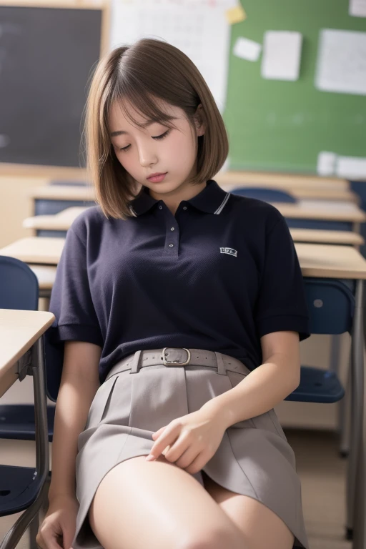 Photo of a beautiful Japanese 13 years old woman sitting on chair in class room,,after school,spread legs ,Lift up your skirt and show your panties,