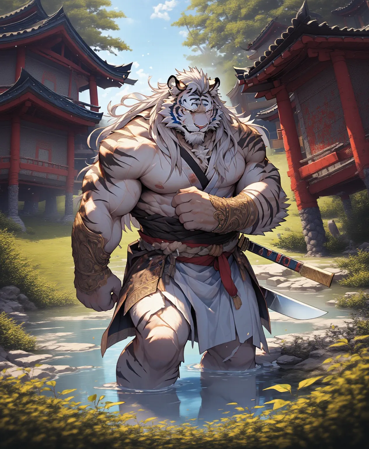 ((best quality)), ((masterpiece)), (ultra detailed), perfect face,(sharp eyes),sharp focus, (by null-ghost,by traver009,by lindong,by pino daeni), (male antro black tiger):2.0, ((blue stripes)), ((black fur)), ((white belly)), (delicated tiger fangs, tiger ears, tiger tail), (sharp eye),ultra-detailed eyes, (Beautiful and delicate eyes), ((red crimson):0.1 eyes), ((white sclera)), ((fluffy fur, fluffy, furry body)),((long white loincloth), with yellow pattern):0.8, muscular male , (wearing random pattern necklace), smile, (bulge), reflection, sexy body, middle-age, strong, (( abs, strong muscle, 8 pack)), shirtless, tougue out, claw, pink nipples, handsome,(Great physique),strong arms man, majestic, barbarous, handsome, by the waterfall, sweating:1.8, (at night), anime style