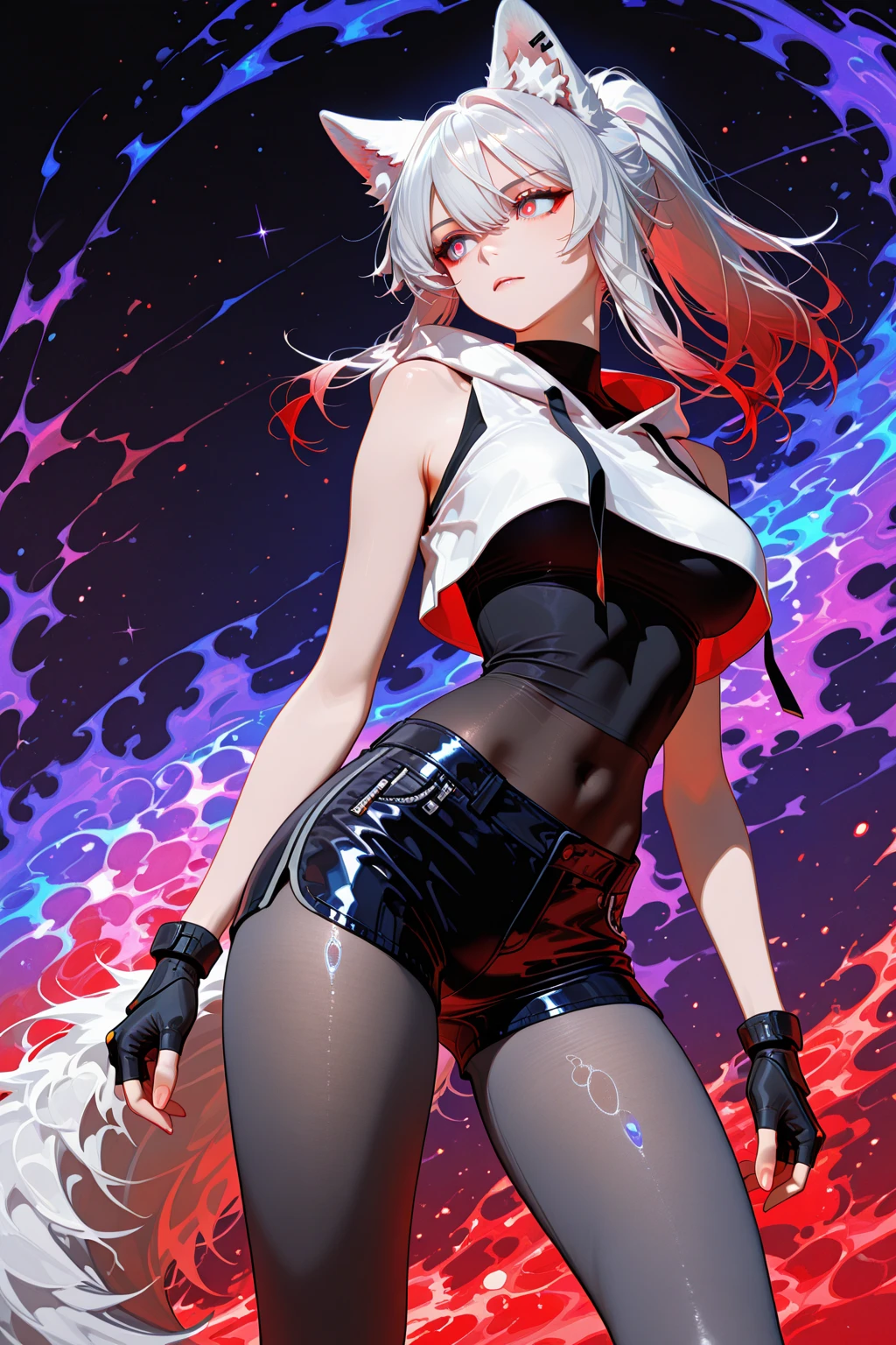 obra-prima, melhor qualidade, original_outfits, 1girl, solo, pálida-skinned_female, long_hair, Slacks, umbigo, crop_top preto, on_motorcycle, jaqueta, logotipo, luvas, floating_hair, brincos, off_shoulder, open_jacket, midriff, multicolored_hair, bare_shoulders, helmet_removed, open_clothes, cross_earrings, sem mangas, long_sleeves, Blue iris,no expression, red_background, monocromatic,