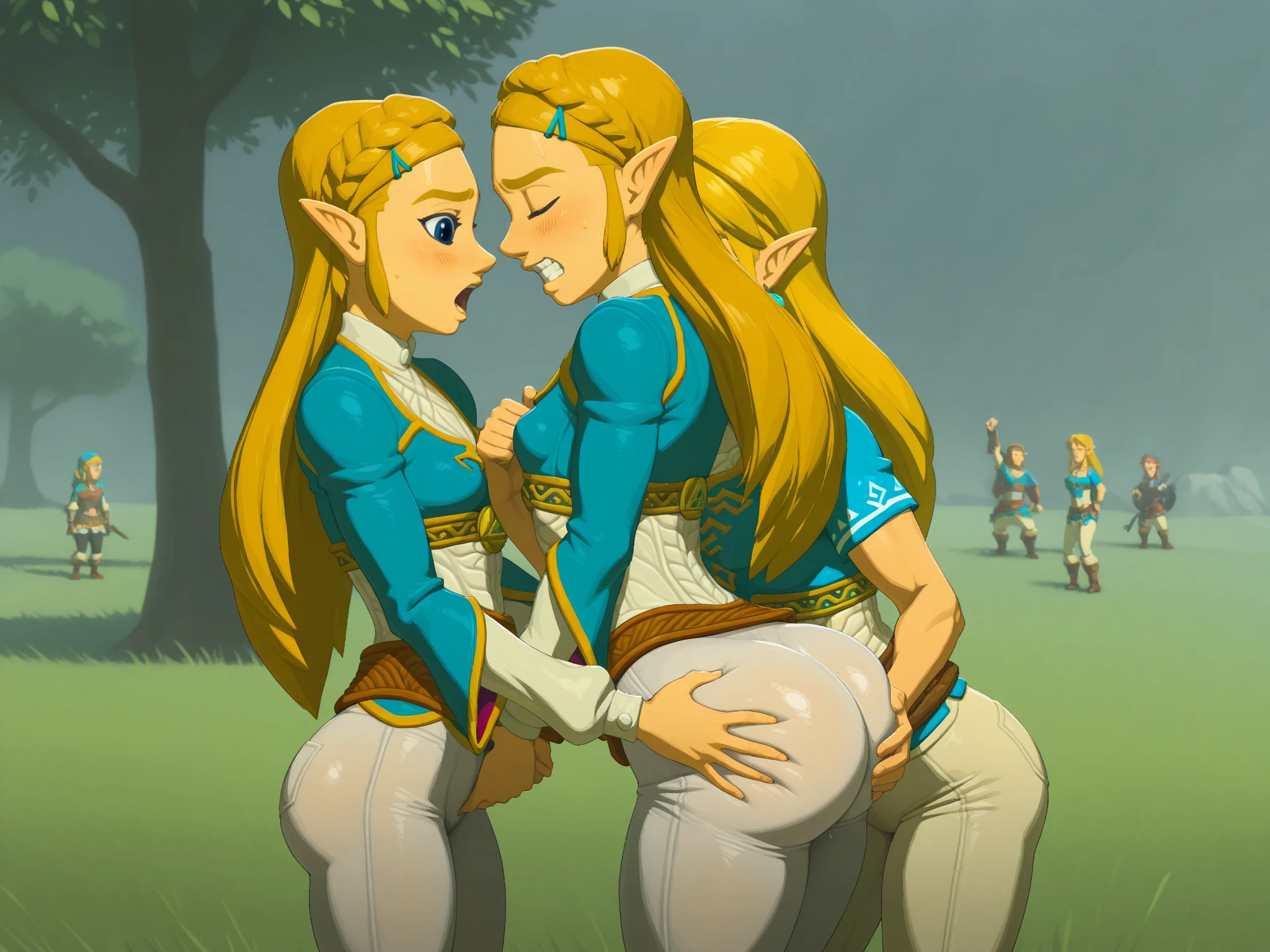 sex vaginal, anime style, medium breasts, small ass, little ass, astrid hofferson,blue eyes, blonde hair, upskirt, back view, bottomless, topless, waist accessories only, sky, hiccup haddock (messy hair, brown hair, brown eyes), 1 boy, 1 girl, laying, grass field, full nelson