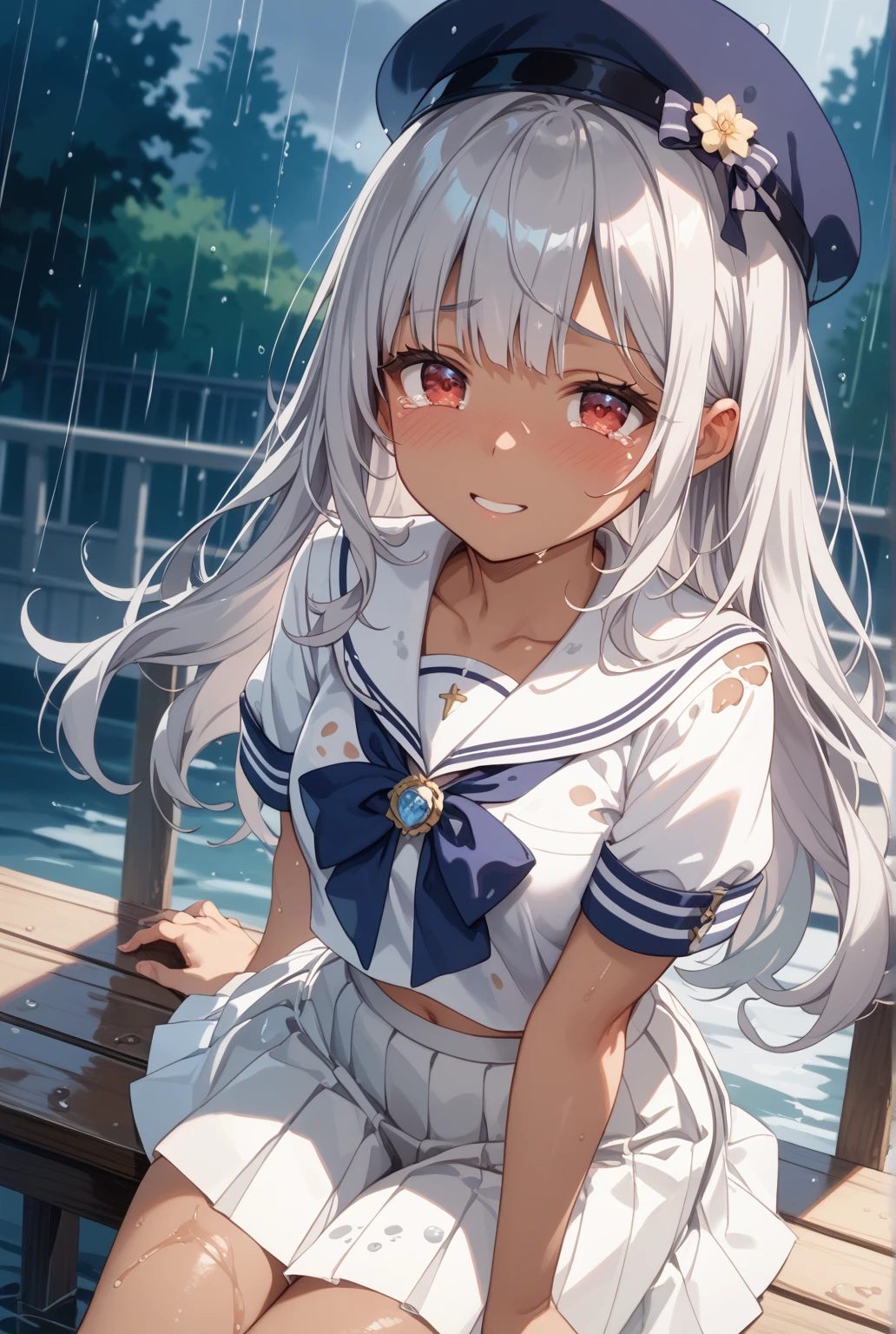 Young girl with grey hair, ((fringed and curly hair)),((curly short twintail)), curly hair ,(red eyes),, ((small bushy eyebrows)), wearing gothic lolita clothing, lolicon , to school, bored eyes, bored face,, (sitting with legs open lifting her skirt to show her vagina wet with semen), sitting missionary sex , male pov, looking from above view