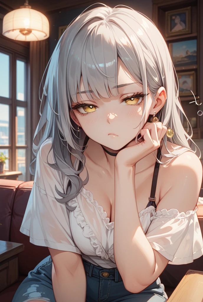 nsfw,1 girl,White hair,yellow eyes,face,upper body, Brat,masterpiece,best quality,very aesthetic,absurdres,light Areola,skin,extended_downblouse, frontbend,White shirt,over shirt