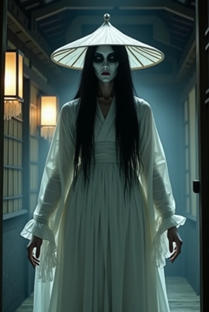 Japanese medium-long black hair stuffed animal girl、A thin white yukata、Dimly lit human taxidermy studio、Human Mummy