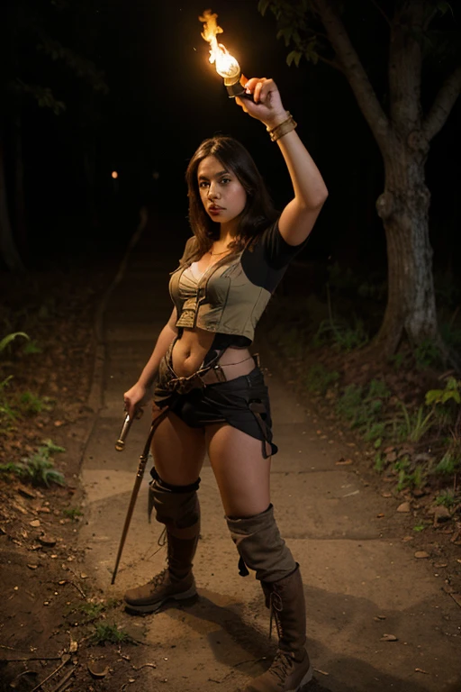 A dark forest at dusk, lit only by the moon, sets the ominous tone. Mariah-Rihanna, a fierce warrior, stands tall, her gigantic hips swaying slightly as she readies for battle. Topless, her braids are adorned with tiny crosses and silver charms. A vampire hunter in bloody silver armor, she grips a massive, blood-stained battle axe, its blade glinting in the fading light.