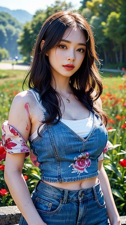 young asian woman, 25 years old, beautiful, Chest measurement 36 inches., ponytail,long, flowing, flowing up. A clear and detailed face, 88ก,Wear a red, green and blue plaid shirt. Brightly colored, expensive silk., In the open countryside there are thatched huts with red flowers.. different behavior gestures, Take photos 16k,Shot with a high quality Fuji camera..,45,000,000 pixels