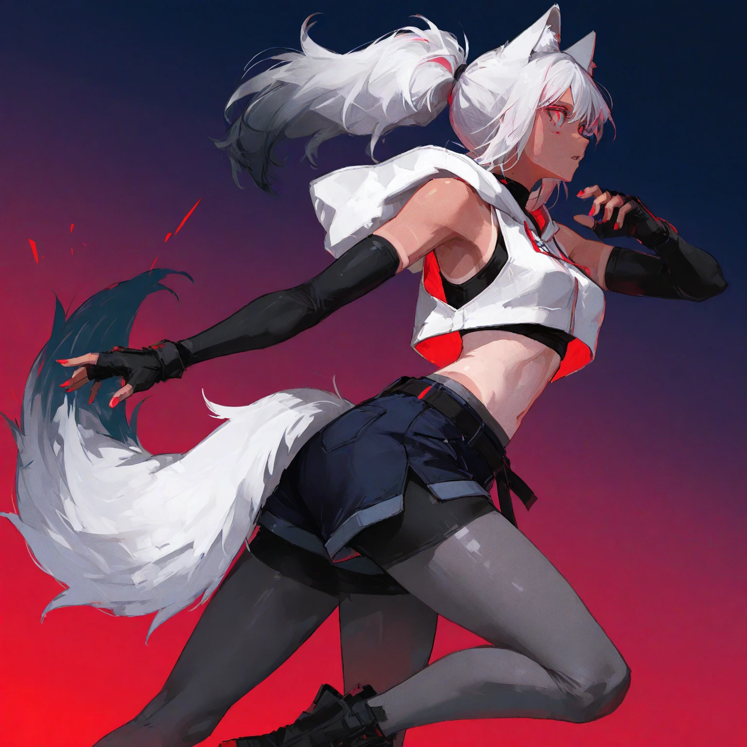 (masterpiece,best quality), 1girl, tail, wolf tail, wolf girl, brown hair, long hair, large ponytail, hair bangs, hair over shoulders, (((left brown eye))), (((right silver eye))), dark gray scarf, gray short sleeve shirt with white trims, dark gray short leggings, grey high heeled knee length boots, ((2D Anime Style))), fighting stance