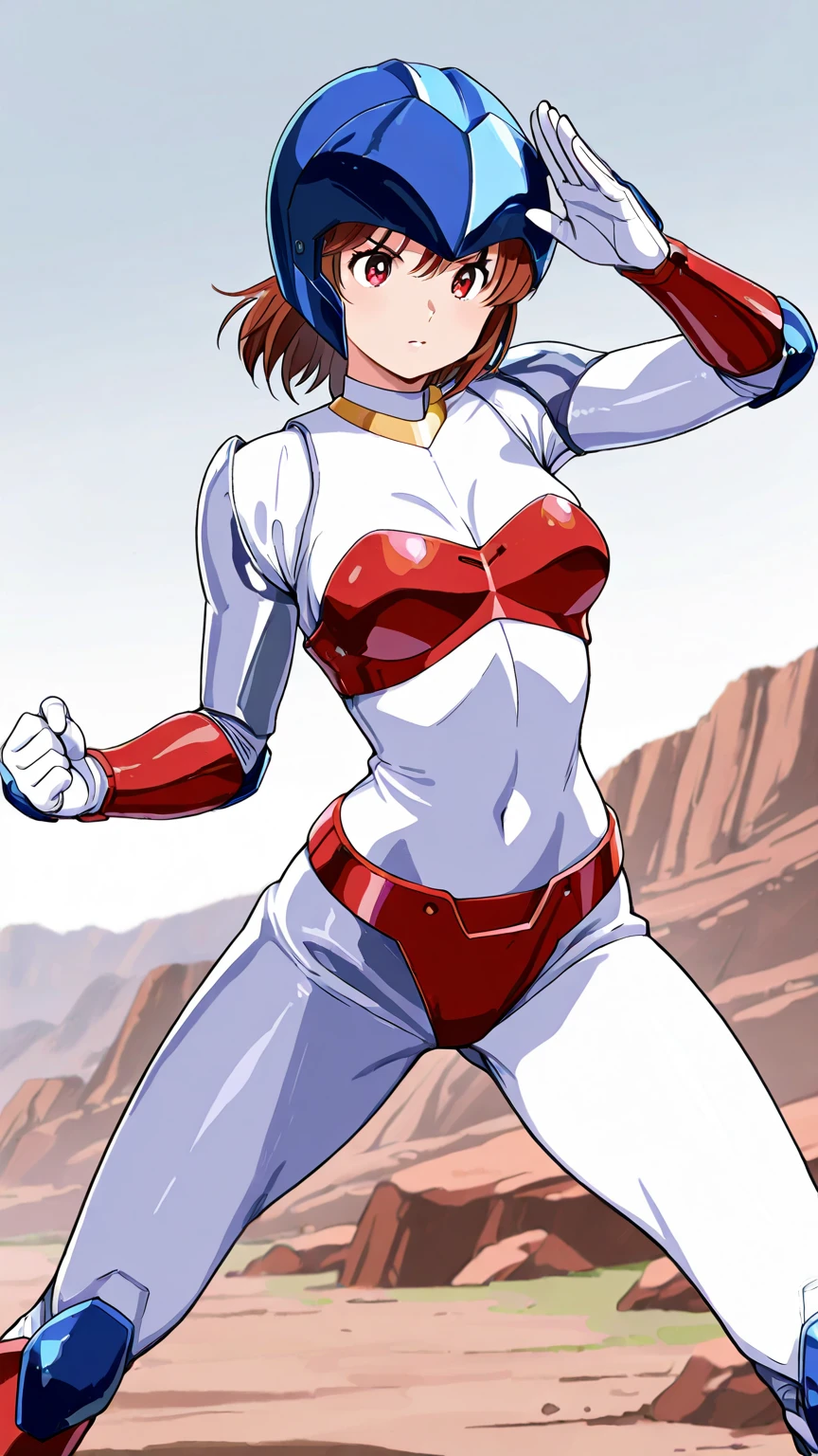 1990s_\(style\), sailor moon anime style, retro anime, masterpiece, best quality, 1girl, cowboy shot, Jane Shepard, FemShep, short hair, red hair, green eyes, black power armor, N7,