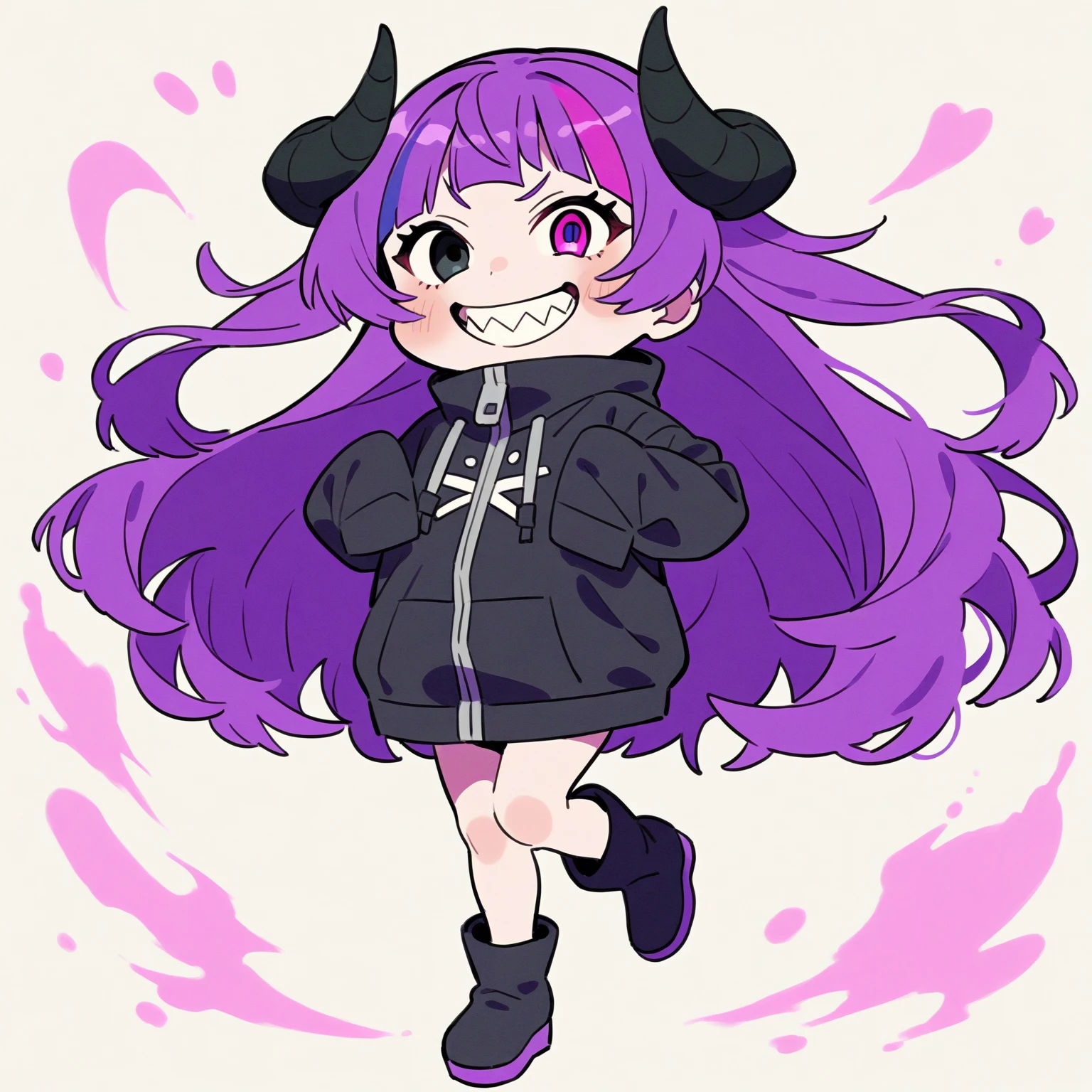 ((masterpiece,best quality)),1girl, loli, solo,elf ears, heart shaped earrings, heart shaped pupils, short hair, ((purple hair)), a pink streak on the bangs, ((a gap between the teeth)), Long black t shirt, long sleeves, shorts with chain, full body,((fangs))