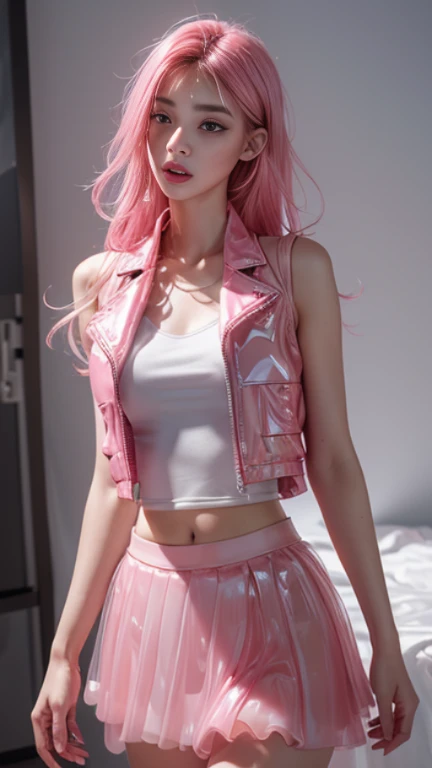 detailed face: 1.4)((ultra high detail satin idol outfit:1.5 )),(detailed face: 1.5), (best quality:1.5), (detailed face: 1.4)best quality, masterpiece,kpop idol,((ultra high detail latex idol outfit:1.5 )),((ultra high detail latex idol outfit:1.7)),(( midriff pink latex puffer jacket:1.7))) ((High Detail shiny pink-white latex cropped down jacket :1.8)),,((highleg skimpy croch))) (((high detail white twe-tone satin shirt:1.9))) (ultra high detail garter belt garter straps:1.2),(bulge:1.6),(black straight hair;1.8 ),(ultra high detail intricate thigh lace-up boots:1.3)