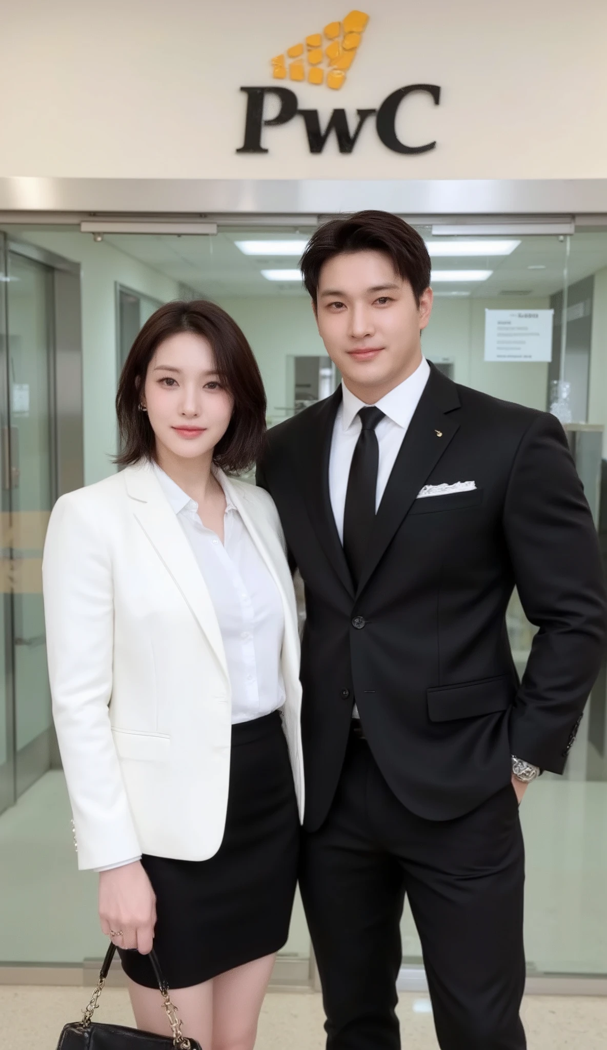 A formal, a half-body image shows a muscular Korean man standing with a beautiful Korean-Thai woman in front of the audit firm, PriceWaterhouseCoopers: PwC. They are auditors.

She has a side bob haircut, showing off her narrow forehead. She has a perfect body shape. She wears a white blazer, a white shirt, and a short black pencil skirt.

The man is handsome and very muscular. He has a fluffy K-pop hairstyle with fringes, phwamen. He wears a black suit, a tight long-sleeve white shirt with a collar and six buttons, a black necktie, and black wool slim-fit pants. 

They smile at a camera. They preserve a lot of space between each other. Their manners are calm and formal. 

The backdrop is the PwC office, with large, clear glass doors—the big PwC logo above the door. The position of the PwC logo is above their heads. The font is black, and the background of the logo is orange.