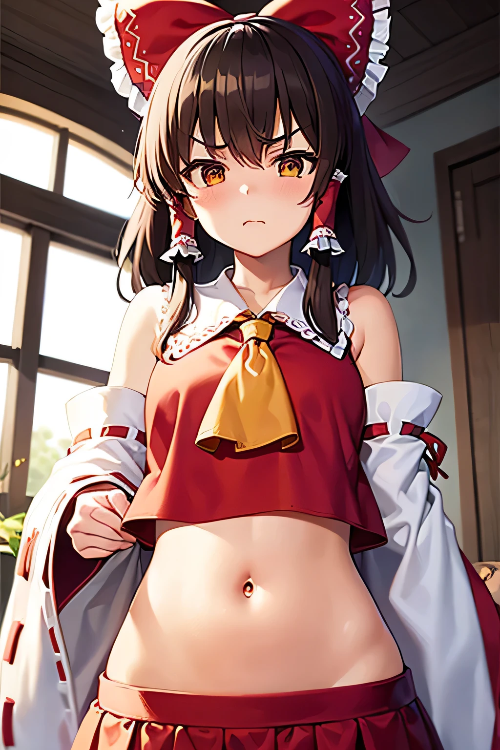 super fine illustration, vibrant colors, masterpiece, sharp focus, best quality, depth of field, ultra detailed, navel, shrine maiden, hakurei reimu, 1girl, hair bow, ascot, hair tubes, detached sleeves, red shirt, red skirt, half skirt, very long hair, dark brown hair, mature woman, hakurei reimu, 1girl, hair bow, ascot, hair tubes, miko, detached sleeves, Reimu Hakurei, annoyed, indoors, looking down, v-shaped eyebrows, tummy, bellybutton, closed mouth