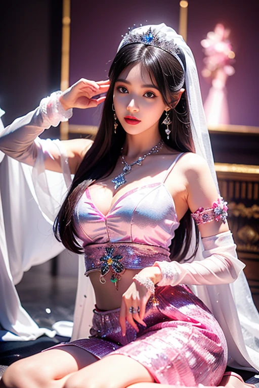 ((highest quality、muste piece、8K、best image quality、extremely complex and detailed depiction))、(Japan&#39;the most gorgeous whore goddess:1.1)、((The most gorgeous prostitution goddess huge costume、The most vivid and luxurious costume Iglon costume、An unimaginably luxurious goddess brothel、Glittering purple and pink room、The most luxurious purple and pink room、purple and pink gems、A night spent in a glittering room decorated with lots of jewelry、very intricate decoration、A very transparent goddess room))、(look at me、bewitching smile、Perfect makeup、long eyelashes、lipstick、pink eyeshadow、perfect anatomy、the biggest smile)