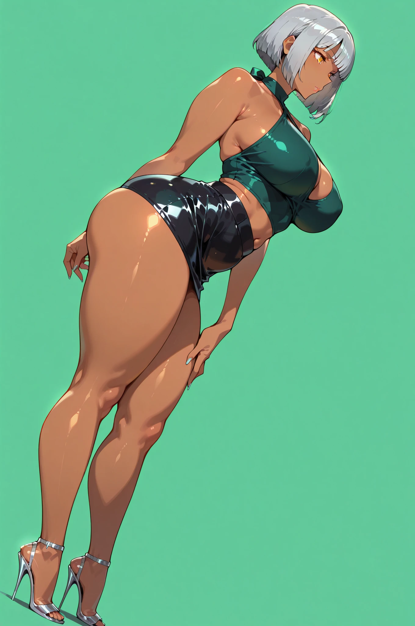 sexy beautiful woman, small woman, one woman, naked, no bra, no top clothes, no shirts, wearing black panties, breasts exposed, small breasts+18, (nsfw), thick legs, sensual pose, green hair, green eyes, short hair, smilling, horny face, looking at viewer, sensual pose