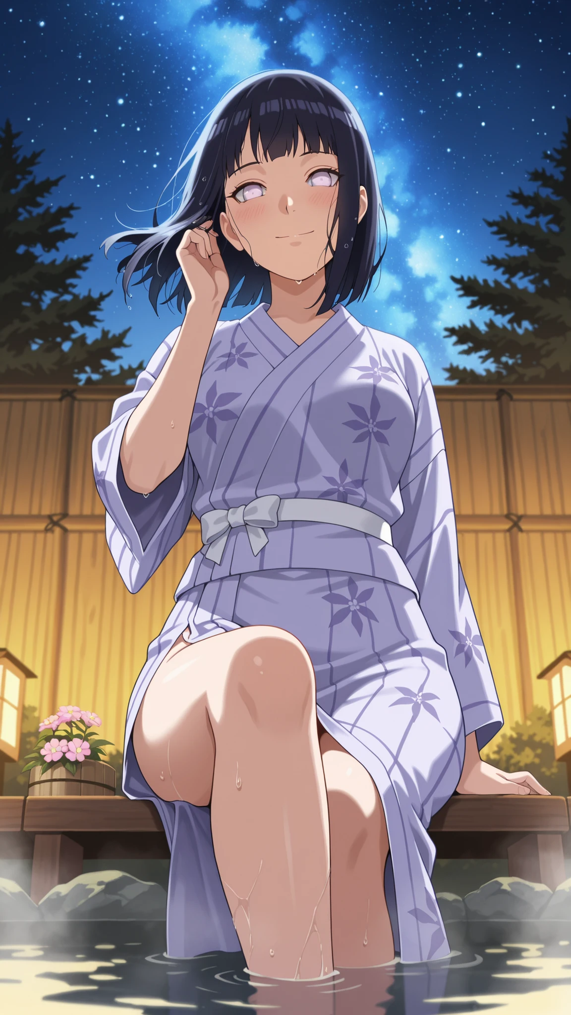 BREAK (masterpiece:1.2), best quality, high resolution, unity 8k wallpaper, (illustration:0.8), (beautiful detailed eyes:1.6),Traditional outdoor Japanese onsen at night, surrounded by natural rocks and pine trees, warm steam gently rising from the water,The sky above is filled with countless stars and a glowing Milky Way, reflecting softly on the surface of the hot spring, Wooden lanterns provide soft, warm lighting around the bath, casting gentle shadows, The atmosphere is serene, peaceful, and magical, cinematic and ultra-detailed, with rich textures and realistic lighting,hinapony, black hair, byakugan eyes, medium breasts,cleavege,blue yukata,whitebelt,flower onrament yukata,side slit,raised hips,blush, seductive expression,floating hair,looking at viewer,cowboy shot,wide-angel,sitting on bench,cross legs,from below,wet feet,smile,wet hair,fixing hair