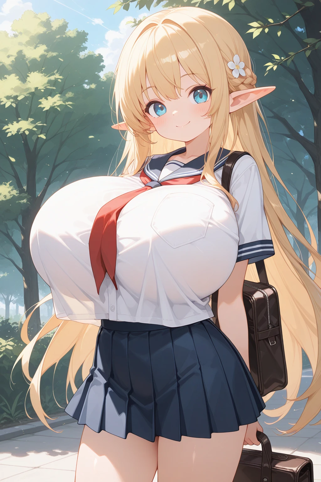 Ultra-high resolution, 8k,high quality,(((Ultra-short stature,Gargari body)),cowboy shot , ((no hat:1.3))),Slender,Cute hairstyle,,(iridescent light,soft shadow,Anime Painting,thin line drawing),(((((((super enormous cartoon-like breasts)))、Elf,school uniform、Girl、)))),
