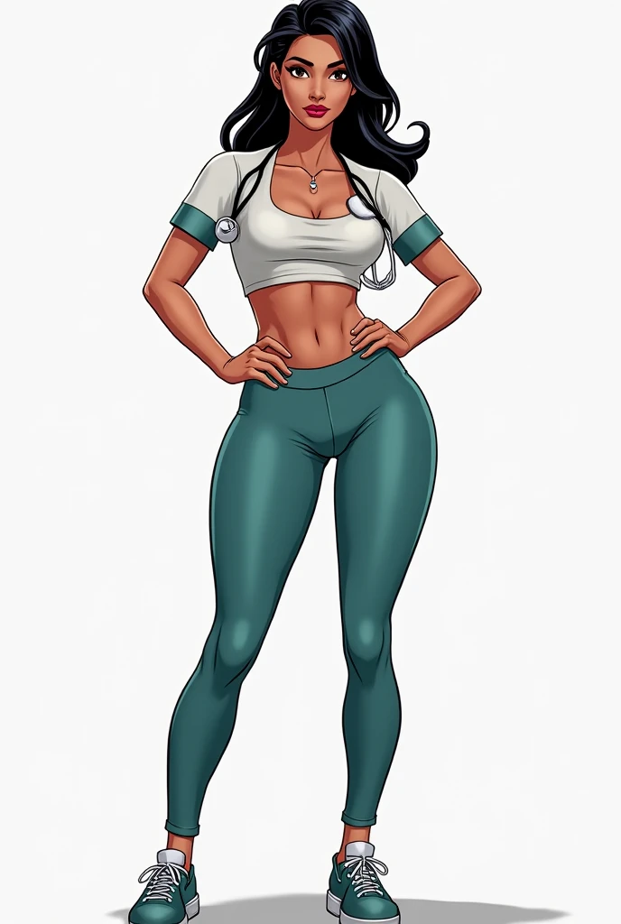 a woman in a blue top and green pants posing, corpo perfeito fotorrealista, corpo perfeito sombreado realista, cintura gorda e quadris grossos, Photo of model of average girl, menina gordinha, character is in her natural pose, forma realista do corpo, full length illustration, standing athletic pose, Personagem altamente detalhado, Pose de perfil de corpo inteiro, corpo completo do personagem, cintura fina --auto