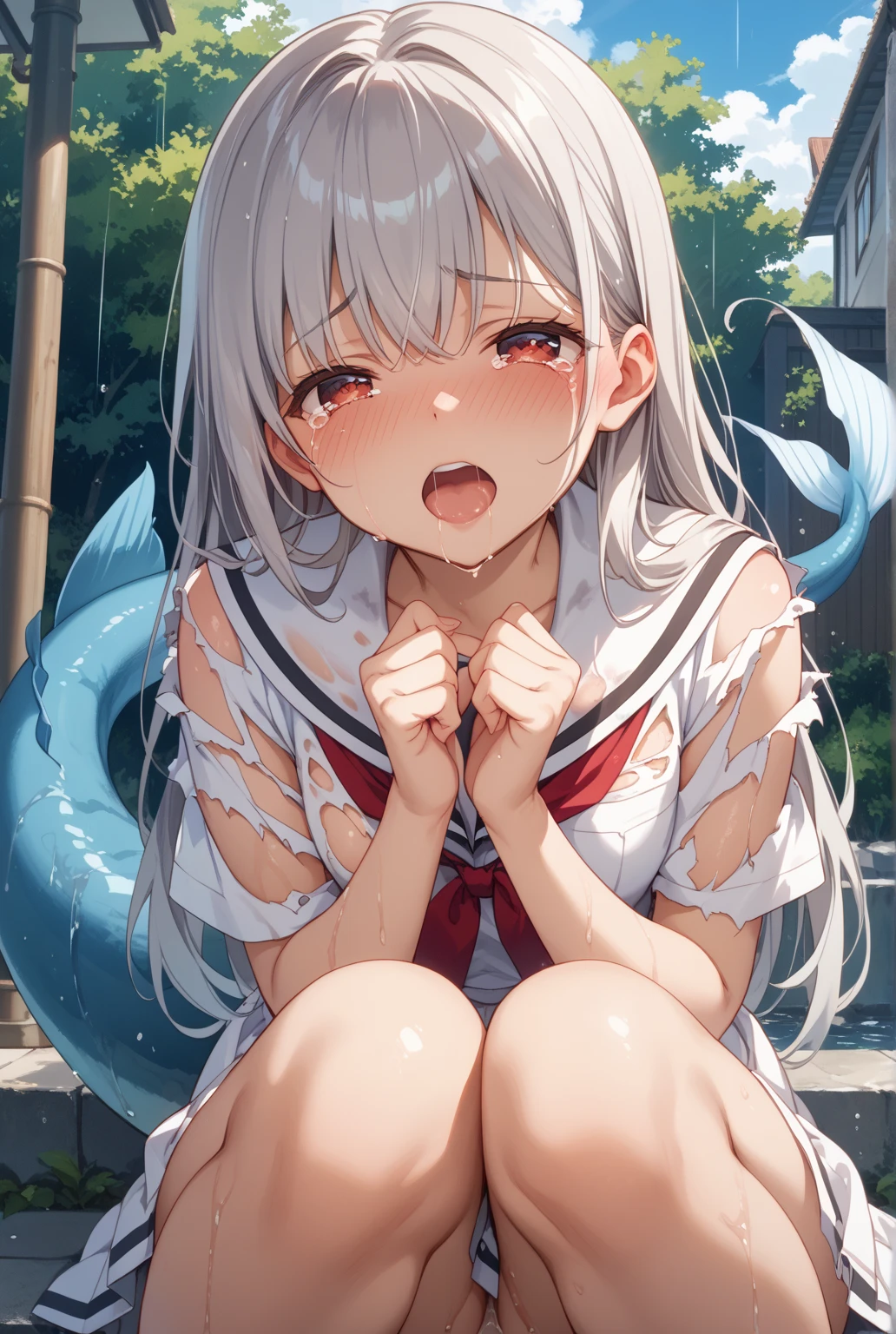 (NSFW: 1.5), Ultra High Resolution, (CEL Anime) 1 Girl, from the side, close-up in profile, chest up, face turned away, crying, screaming with mouth open very wide, green tentacles screwed into her mouth, (background full of tentacles, white and empty background, a large amount of fluid overflowing and dripping from the body: 1.3), ultra-detailed face, perfect teeth alignment, Sharp focus, shading, (from the side, from the bottom: 1.3), (dark pink hair, short hair, ponytail, small hair fastening, disheveled middle-parted bangs, long sideburns), light blue eyes, huge, perfect breasts, cute, (close one eye), (pink cheongsam, belly button, short sleeves, half-naked: 1.5), tentacles wrapped around the neck, (stick out the buttocks on all fours backwards, Look up, look up, look up when shooting), (blush, flushed, screaming,, slippery cute tongue, crying, watery eyes, tears: 1.5), hair is wet, copious sweat, (she's wet, squirting)