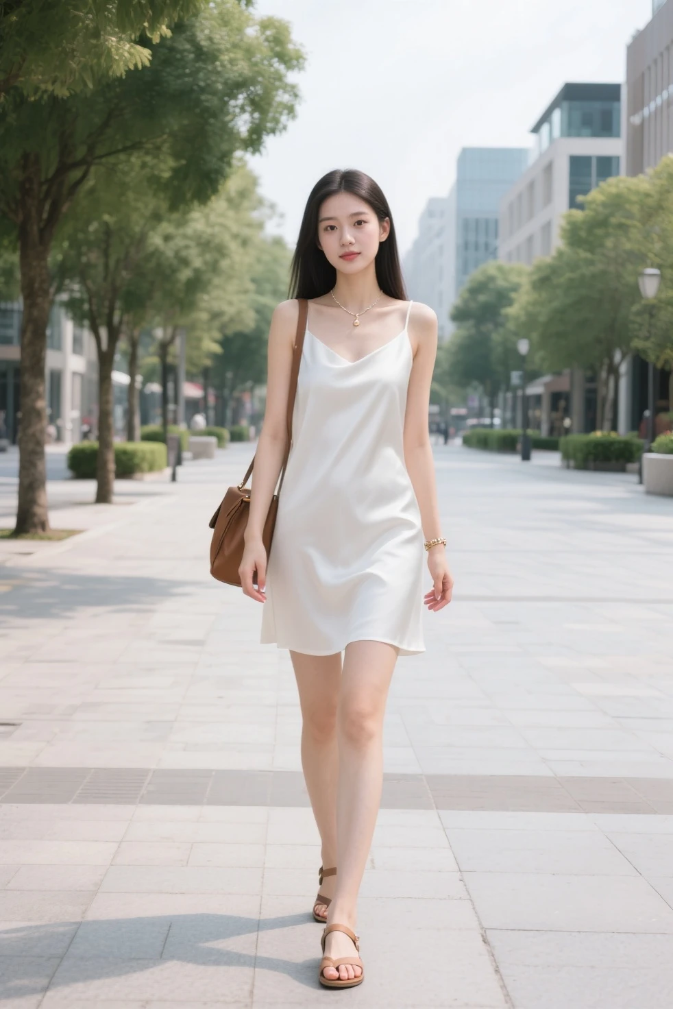 (((best quality))),(((ultra detailed))),(((masterpiece))),illustration,((1 beautiful girl,female cashier,solo)),(short ponytail:1.2),((slim,thin)),((small breasts,flat chest)),(slip dress:1.3),(slender legs:1.2),(sneakers:1.2),(standing:1.3),(arms behind back:1.3),dimly lit,soft glow,shelves,snacks,drinks,necessities,air conditioning,breeze,elegance,grace,vibrant red lipstick,crisp,delicate necklace,sparkling pendant,calmly,warm smile,inviting,poise,unaffected,hustle and bustle,city life,convenience store,haven,weary souls,relentless heat,resilient spirit,(indoor:1.2),(night scene:1.3),((from front,full body)),(surrounded by crowded crowds)