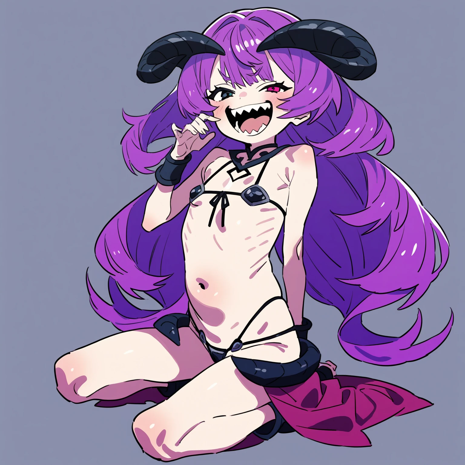頭部が山羊で下半身がBlack body hairに覆われた足に蹄を持つ全裸の女の子,Extremely thin body,Small breasts,Beautiful nipples,Crouching pose,Very long arms,Long, pointed claws,Black body hair,Black realistic goat face,Goat Eyes,A girl who looks like a devil,Hairless upper body,Perfect goat face