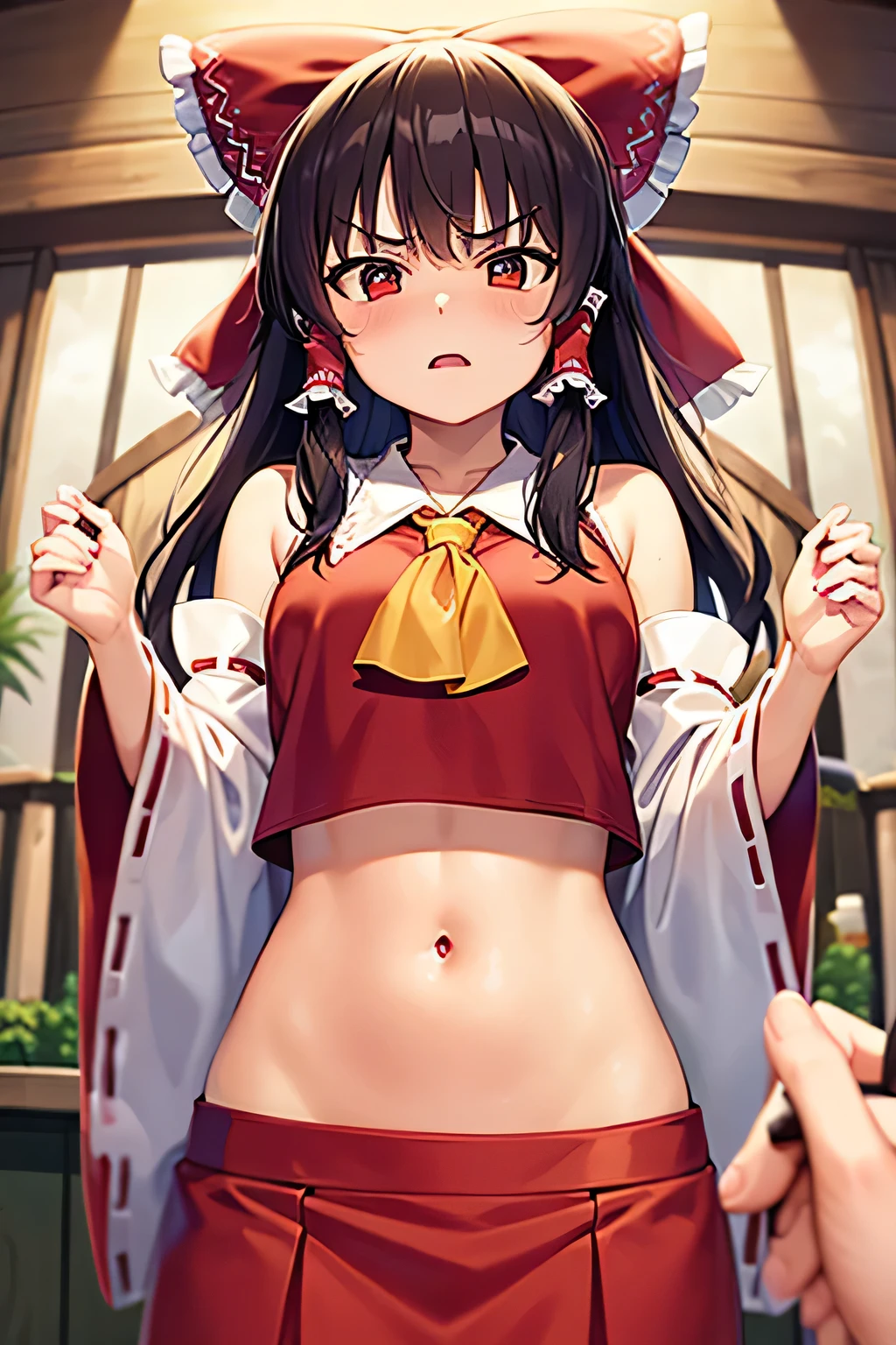 (masterpiece, best quality), best quality, (ultra-detailed), (3heads:1.5), 1girl, (hakurei reimu:1.3), masterpiece, best quality, ultra quality, ultra resolution, ultra detail, red top, crop top, ((stomach)), midriff, ((groin)), red skirt, normal ears, shackles, brown hair, very long hair, wavy hair, sidelocks, brown eyes, detailed eyes, parted lips, sweat, cute, toned belly, hand on own chest, eyelashes, (24 year old woman:1.3), (masterpiece:1.5), (best quality:1.5), (beautiful detailed), extremely detailed CG, extremely delicate and beautiful, depth of field, (finely detailed face), (perfect details:1.2), (mature female:1.3), wide pelvis, slender, large veiny breast, 16k resolution, highres, high quality, high definition, extremely detailed, masterpiece, brown hair, long hair, alluring presence, braid, short skirt, close up, very big tits, huge tits, young, red bow, frilled bow, hair tubes,
